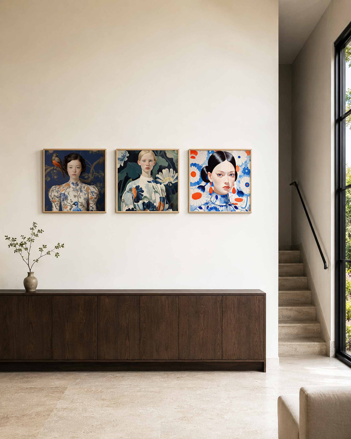 Interieurpresentatie van een driedelige vierkante posterset met bloemenportretten