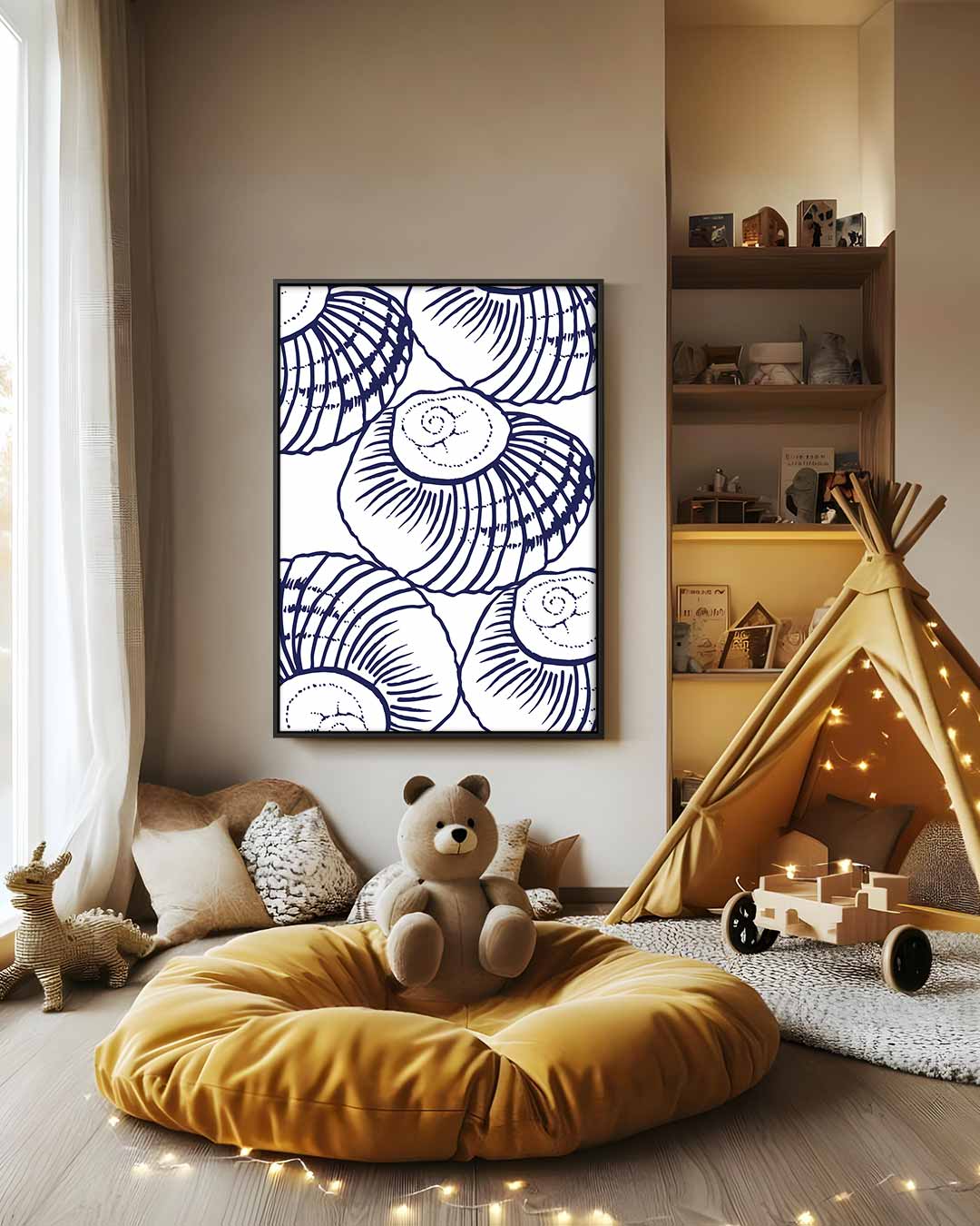 Blauwe Schelpen Illustratie Kunstwerk-canvas-dibond-plexiglas-wanddecoratie-WallArtistic