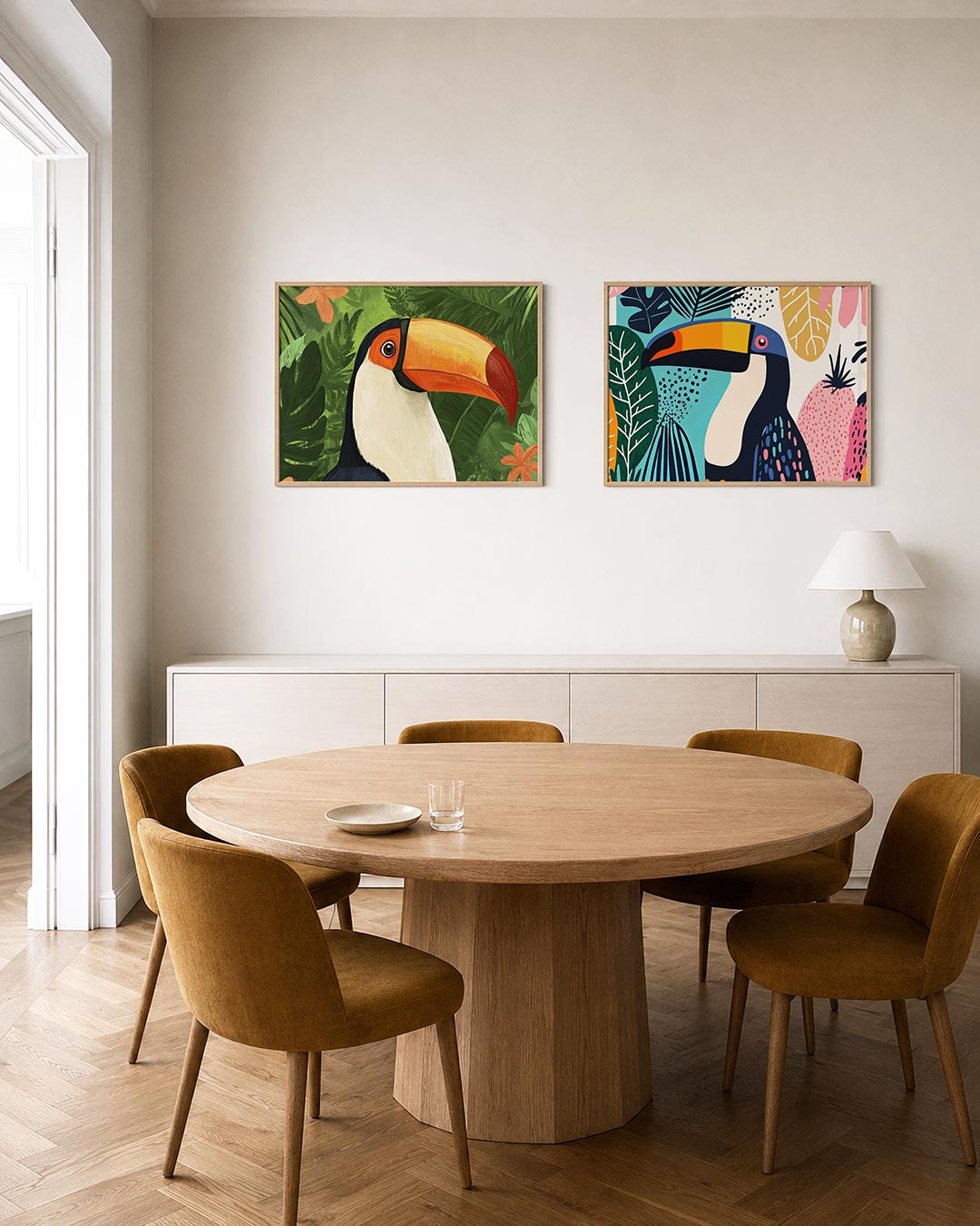 Twee liggende posters met een toekan centraal, aan de muur in een interieur
