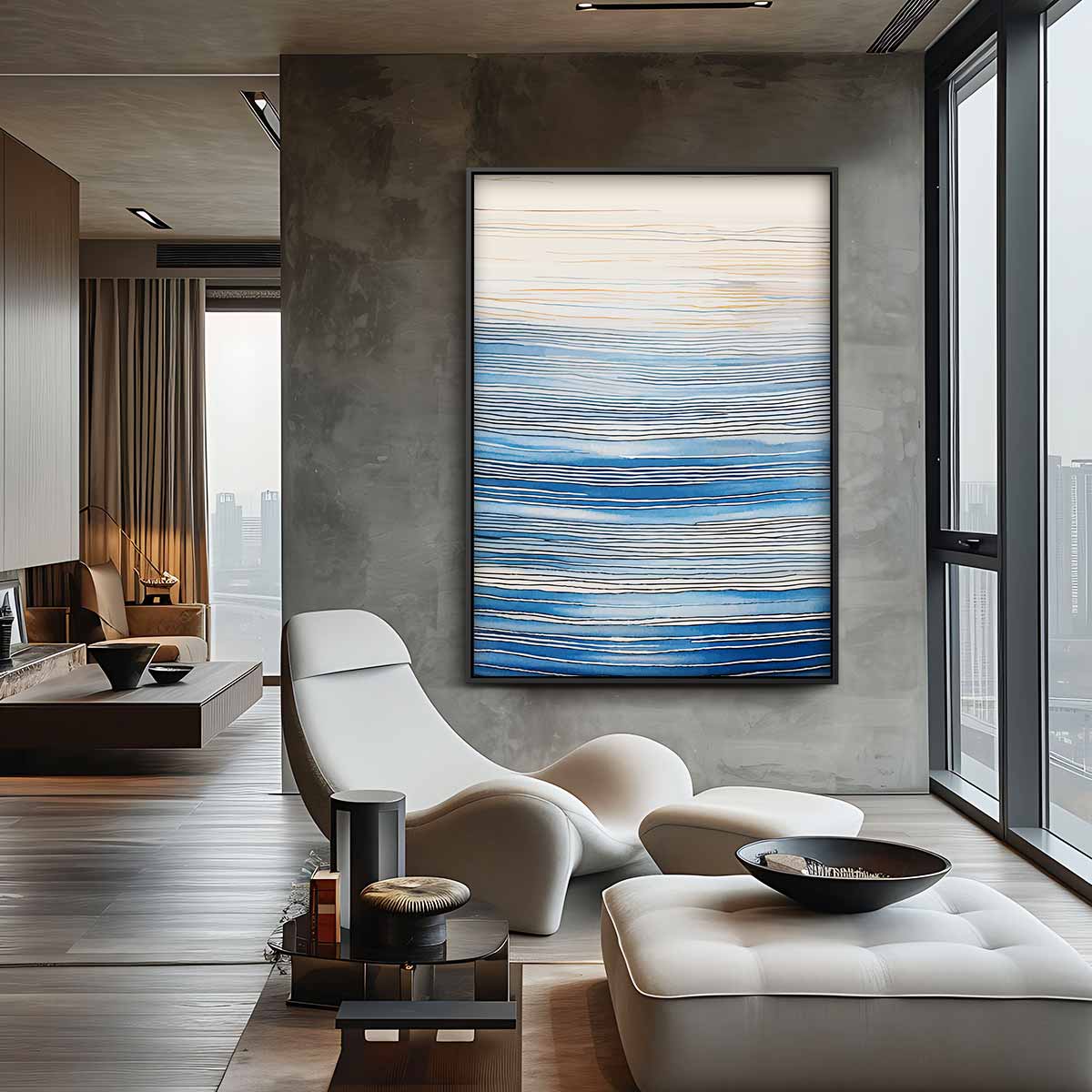 Blauwe Lijnen Zen Kunstwerk-canvas-dibond-plexiglas-wanddecoratie-WallArtistic