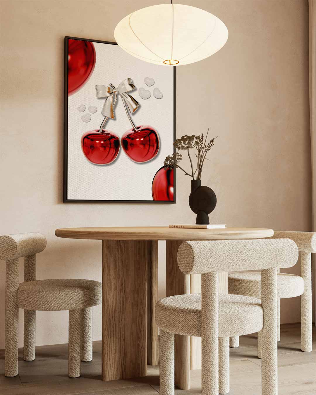Glanzende Kersen met Strik Kunstwerk-canvas-dibond-plexiglas-wanddecoratie-WallArtistic