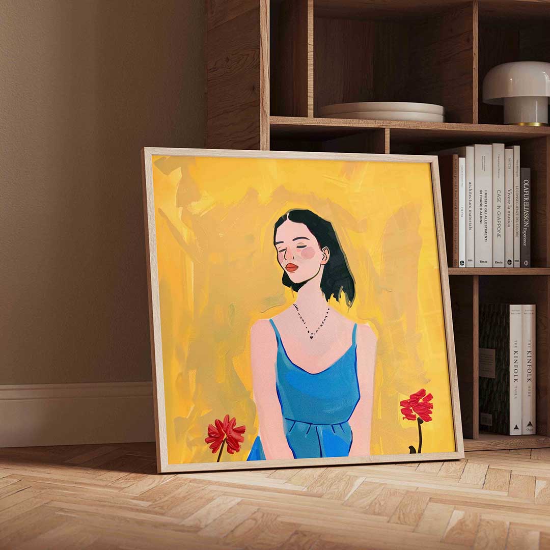 Vrouw in blauwe jurk Poster