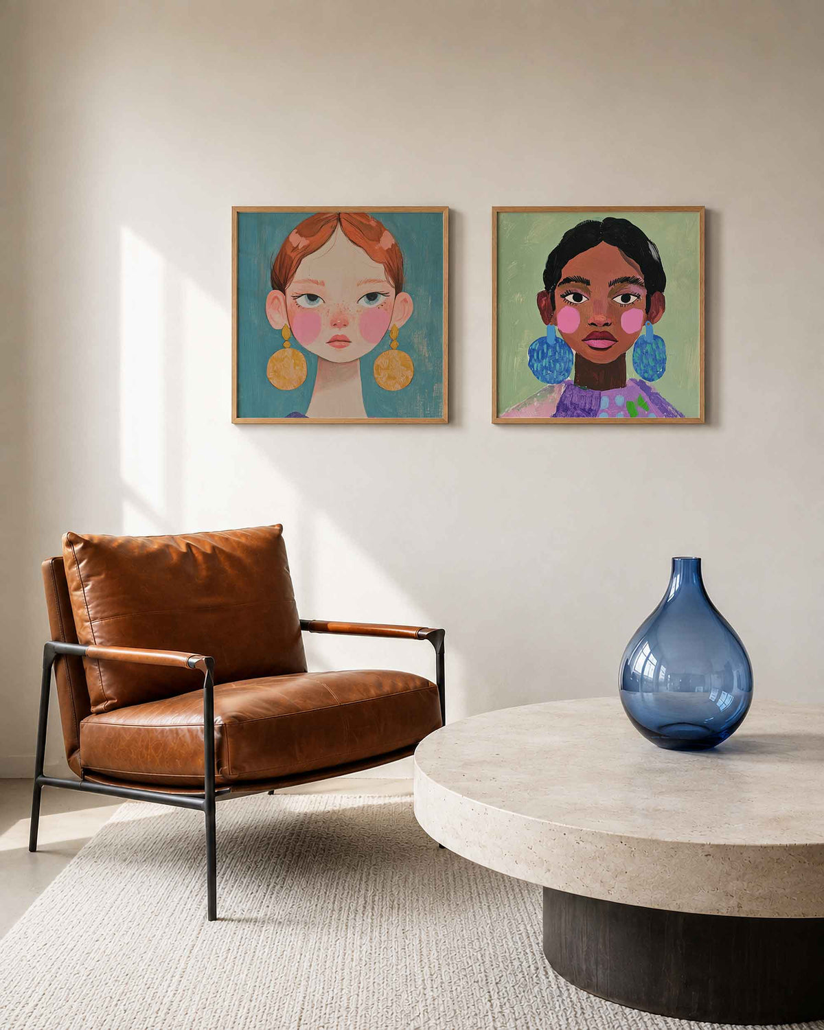 Interieurpresentatie van een tweedelige vierkante posterset met portretten met grote oorbellen