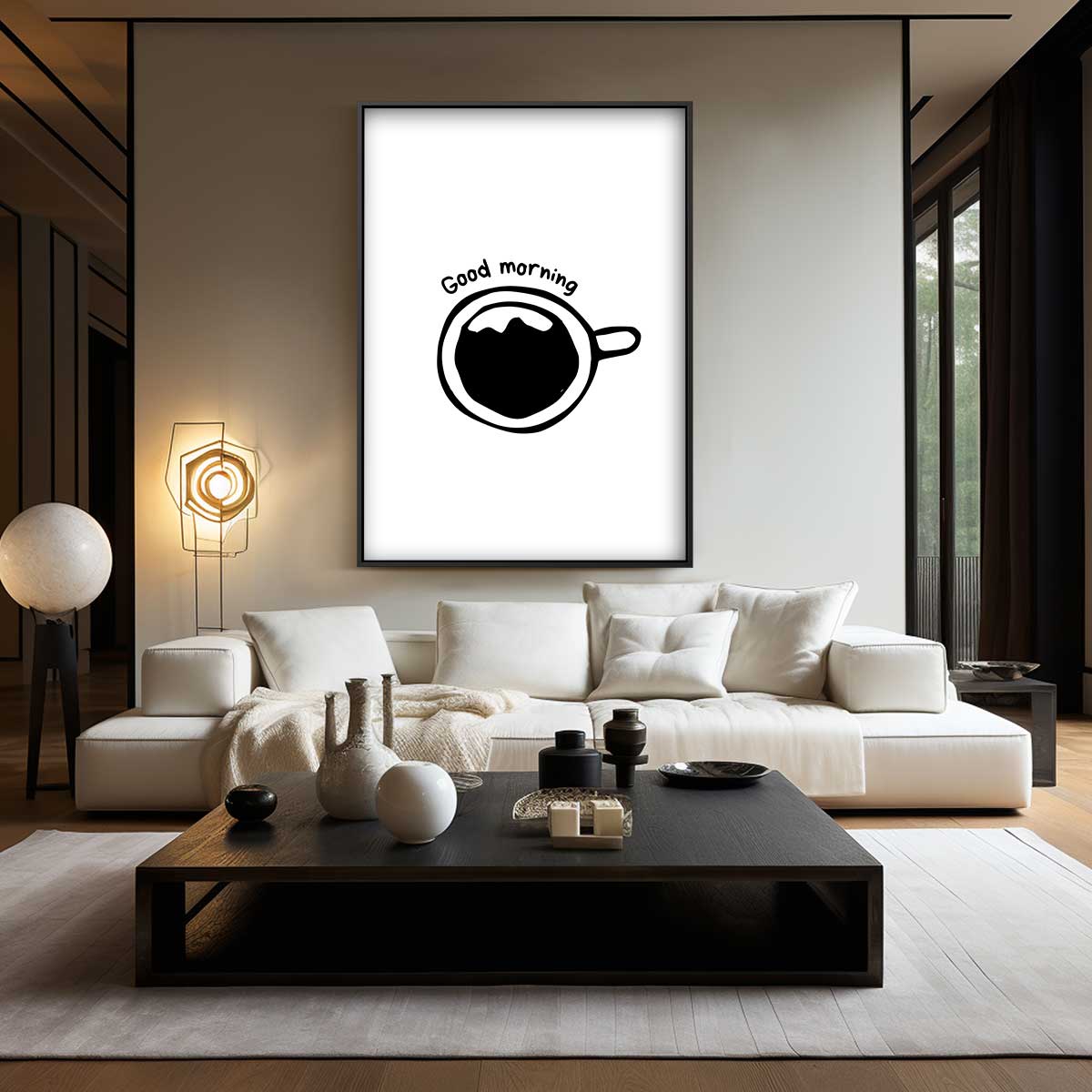Zwart-wit Goede Morgen Koffie Illustratie Kunstwerk-canvas-dibond-plexiglas-wanddecoratie-WallArtistic