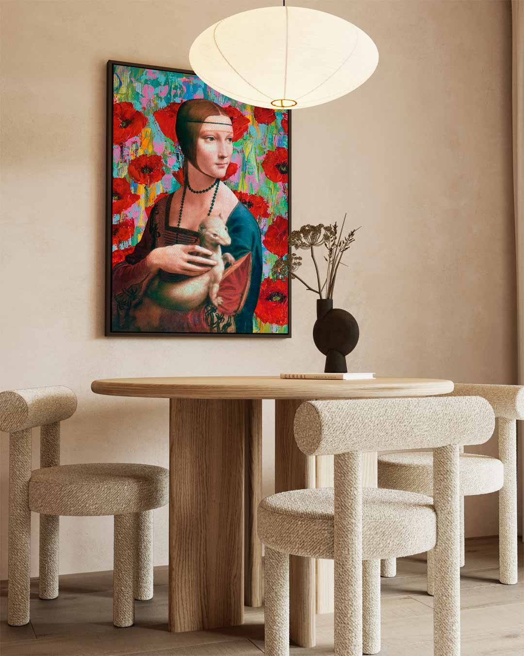 Vrouw met Wezel en Rode Bloemen Kunstwerk-canvas-dibond-plexiglas-wanddecoratie-WallArtistic