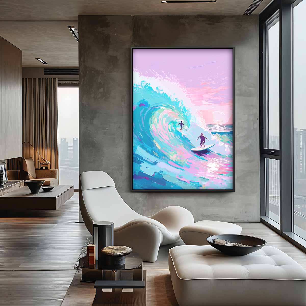 Surfen op Kleurrijke Golven Kunstwerk-canvas-dibond-plexiglas-wanddecoratie-WallArtistic