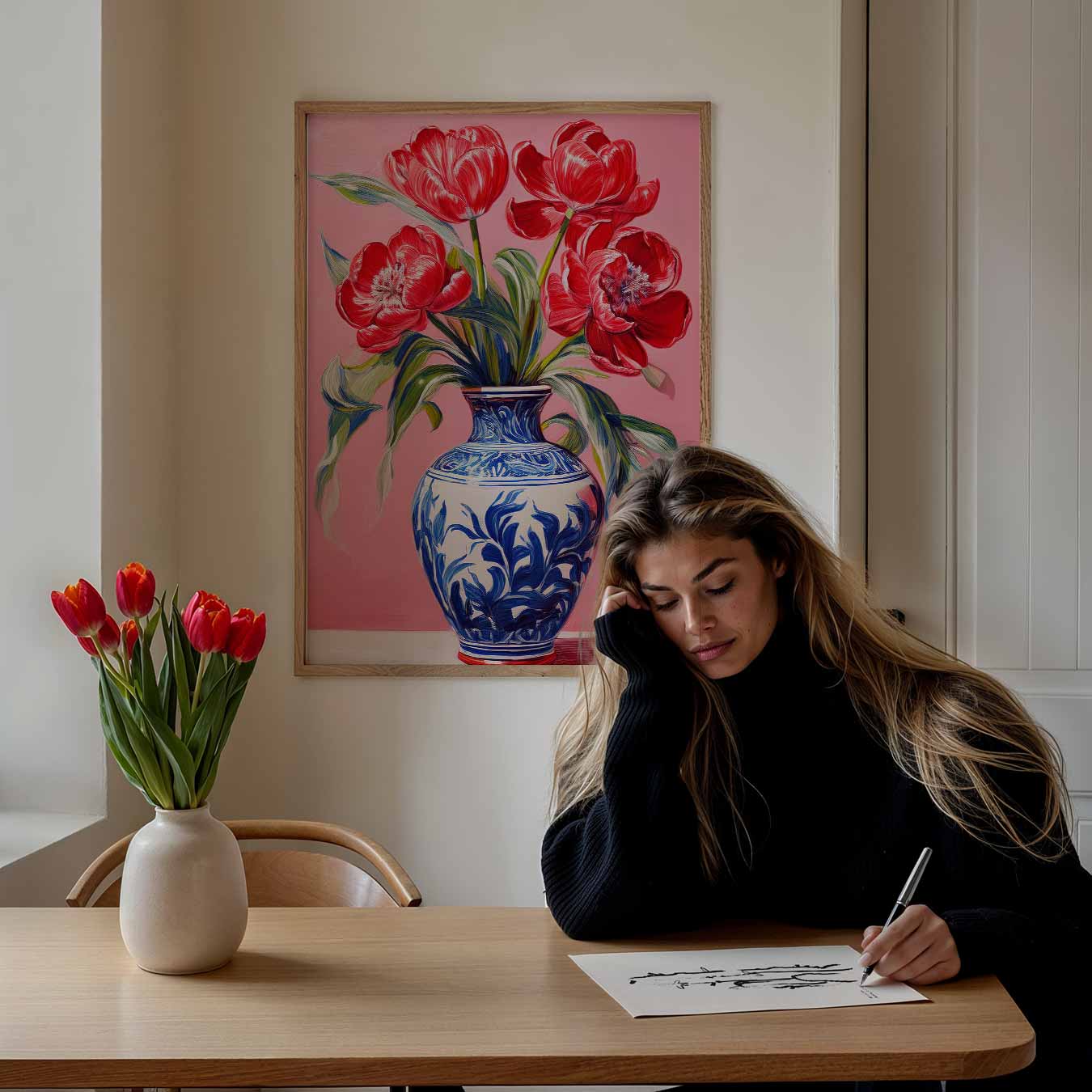 Bloeiende Tulpen in Stijlvolle Vaas Poster