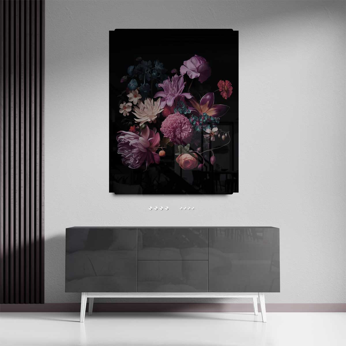 Bloemenexplosie in Donkere Zalen Kunstwerk-canvas-dibond-plexiglas-wanddecoratie-WallArtistic