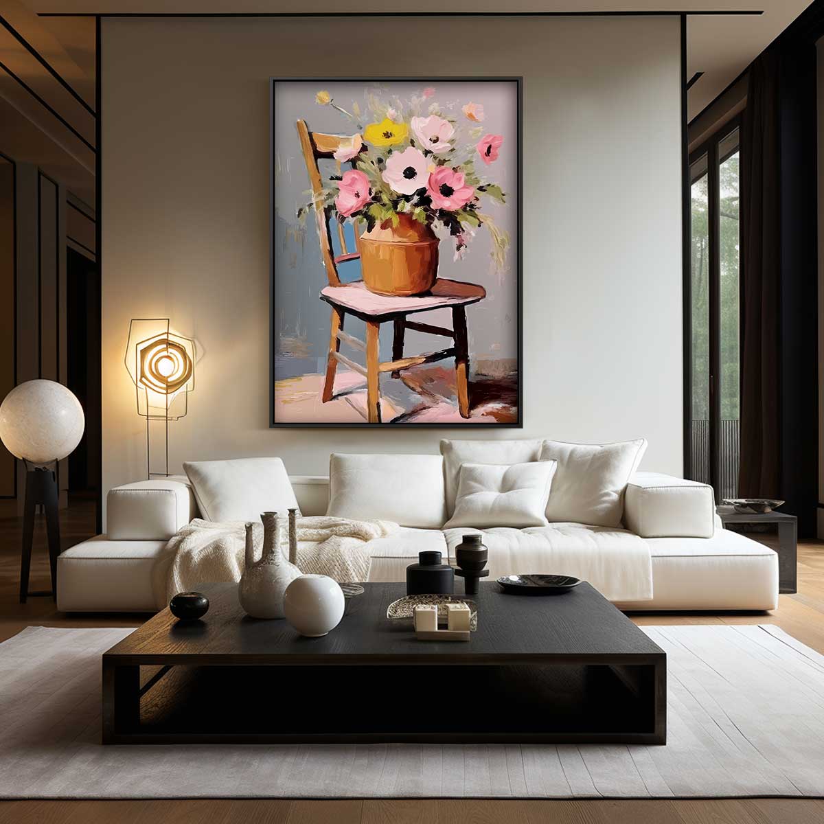 Bloemenpracht op Stoel Kunstwerk-canvas-dibond-plexiglas-wanddecoratie-WallArtistic