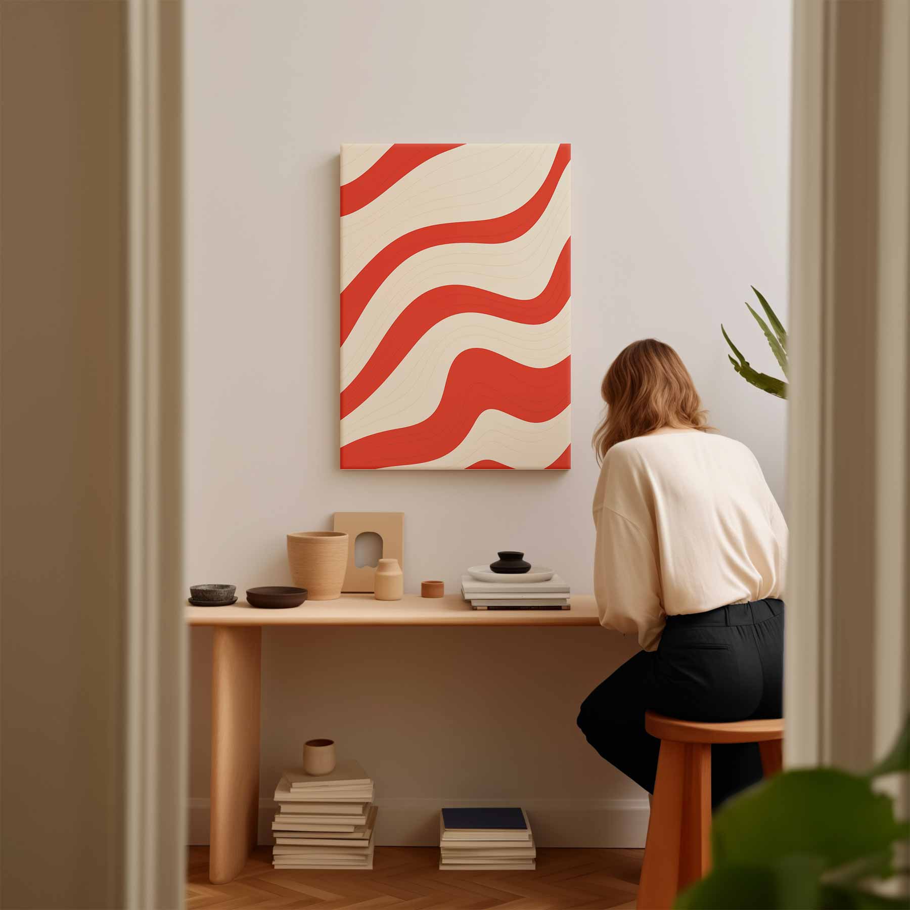 Golvende Rode Strepen Kunstwerk-canvas-dibond-plexiglas-wanddecoratie-WallArtistic