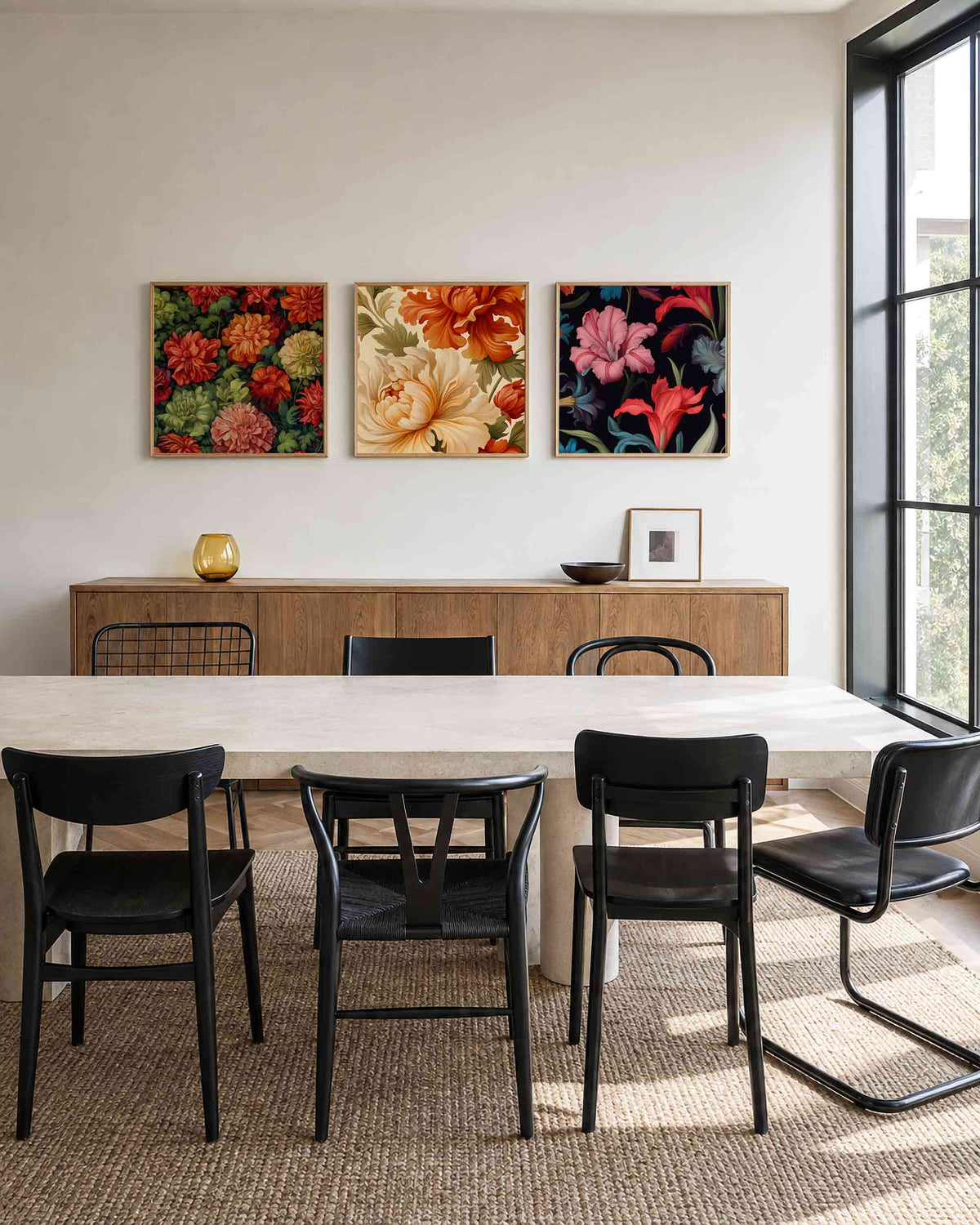Interieurpresentatie van een driedelige vierkante posterset met kleurrijke bloemen
