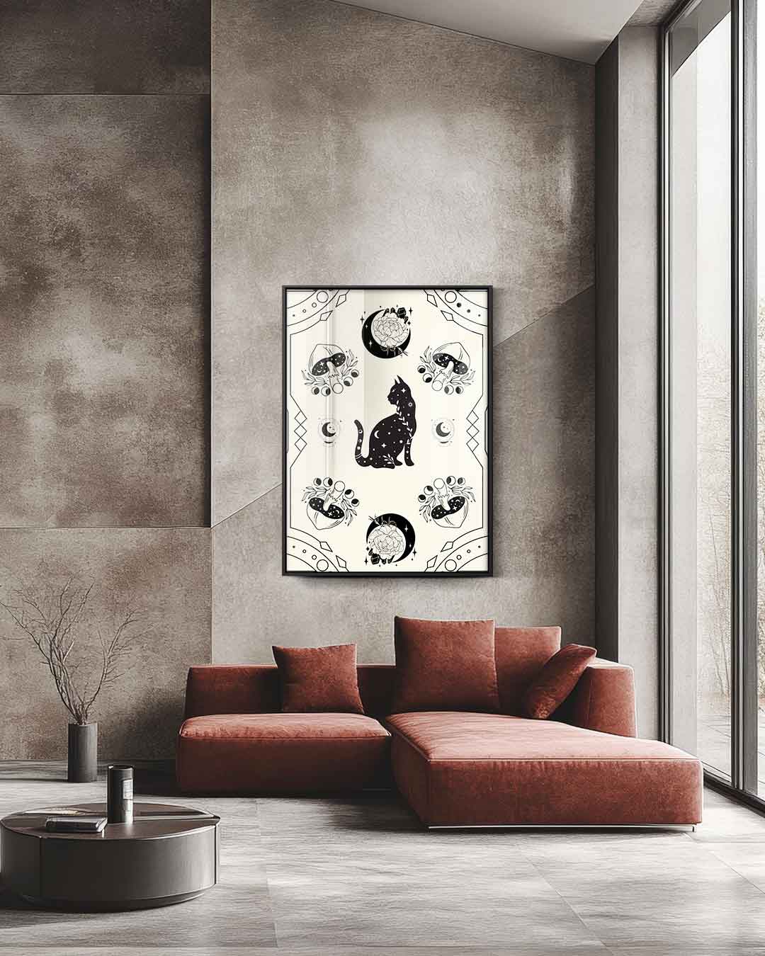 Mystieke Kat en Paddenstoelen Illustratie Kunstwerk-canvas-dibond-plexiglas-wanddecoratie-WallArtistic