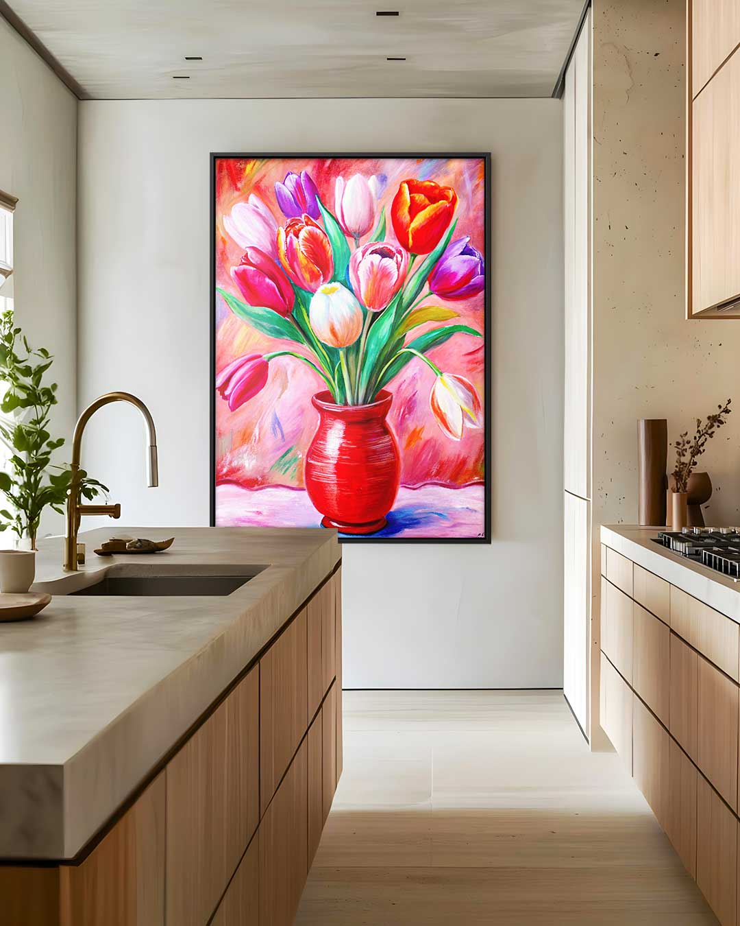 Kleurrijke Tulpen in Rode Vaas Kunstwerk-canvas-dibond-plexiglas-wanddecoratie-WallArtistic