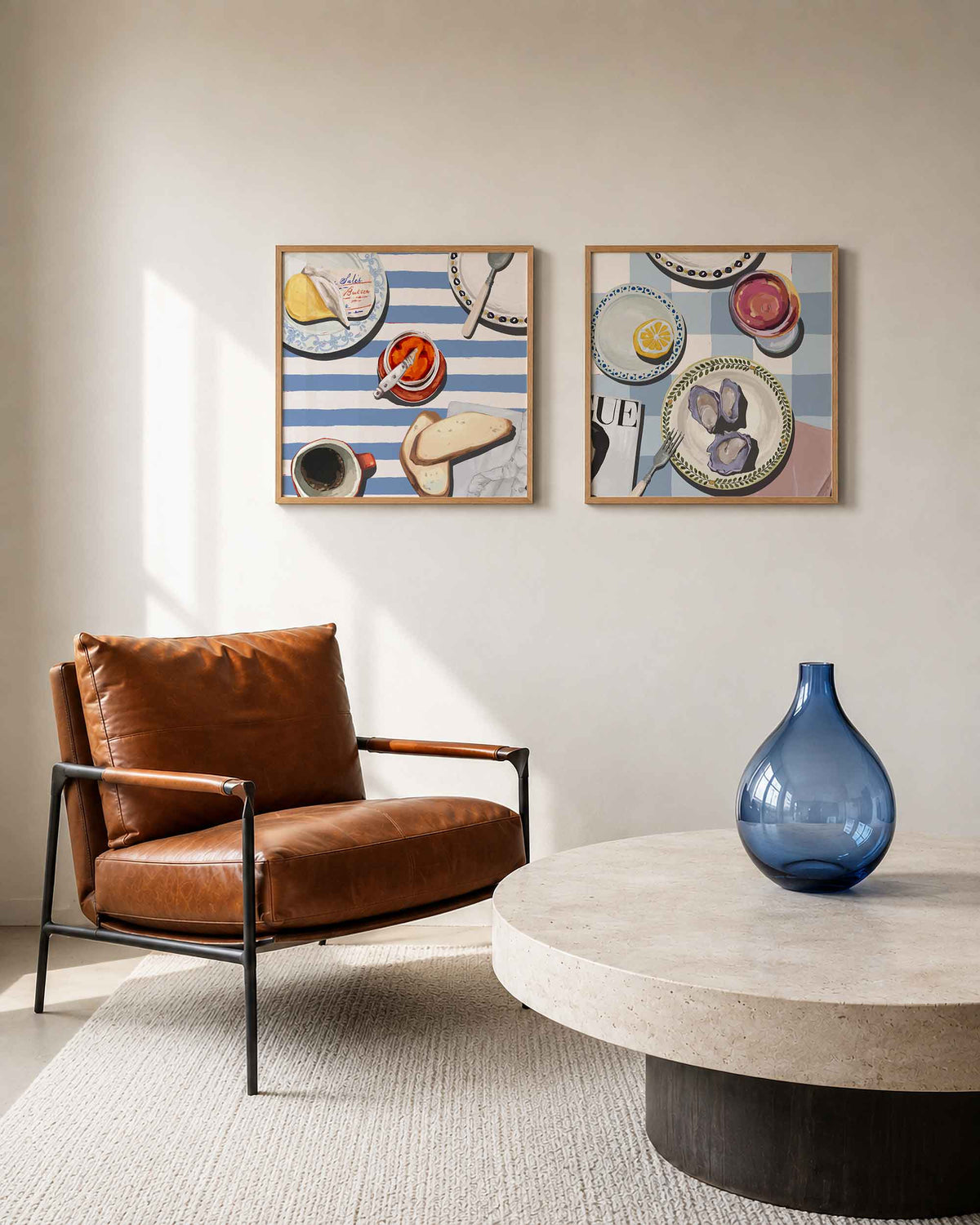 Interieurpresentatie van een tweedelige vierkante posterset met ontbijt en oesters