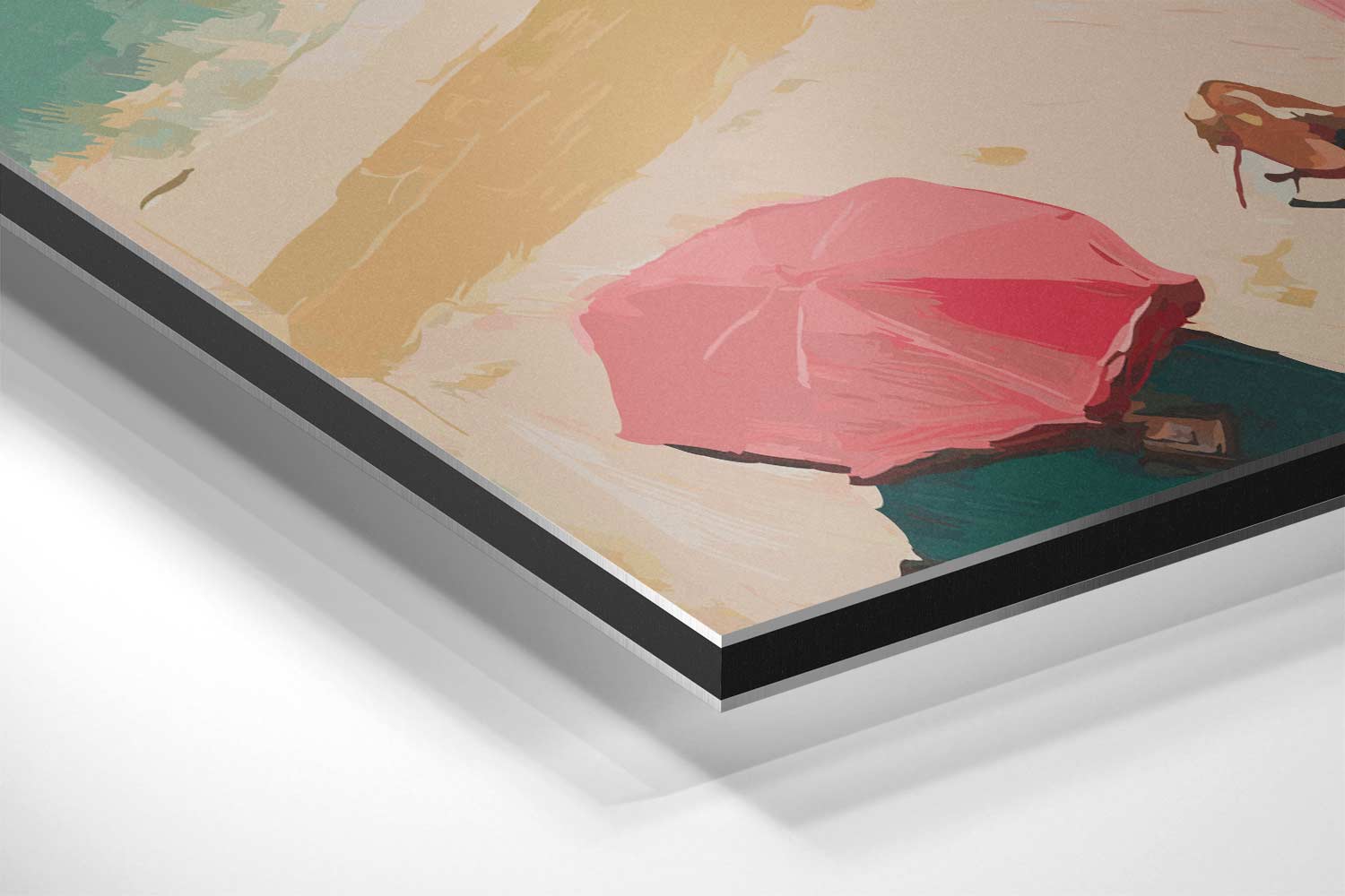 Stranddag met Roze Paraplu's Kunstwerk-canvas-dibond-plexiglas-wanddecoratie-WallArtistic