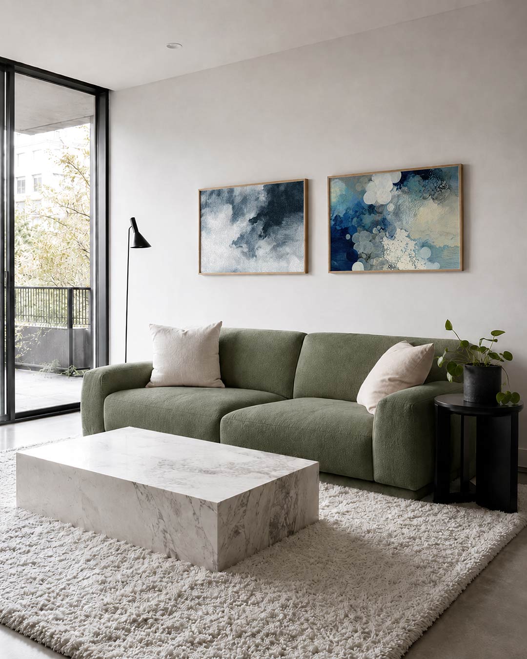 Tweedelige posterset met donkere en lichte grijstinten met zachte overgangen en een wolkachtige, getoond in een interieur