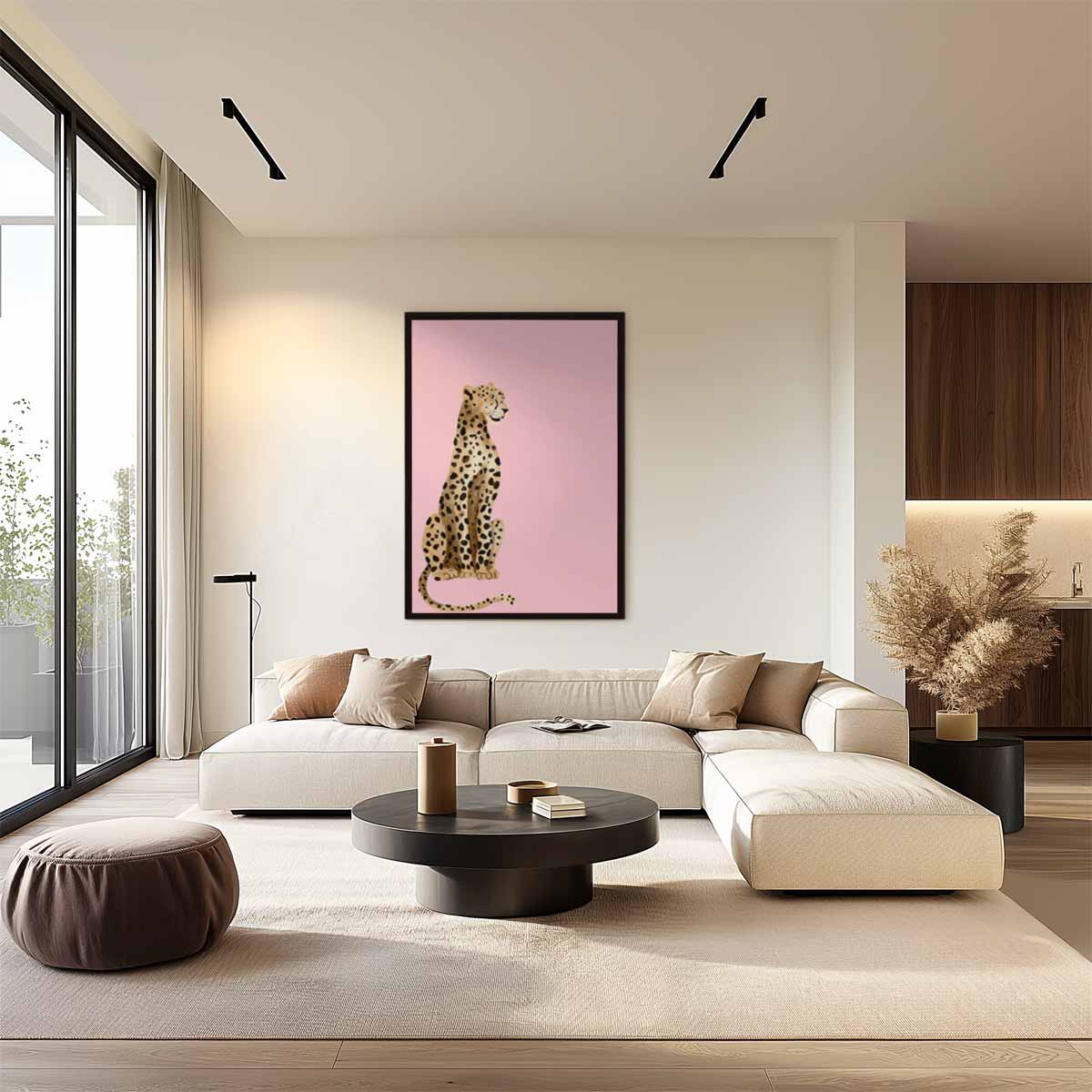 Elegante Luipaard op Roze Achtergrond Kunstwerk-canvas-dibond-plexiglas-wanddecoratie-WallArtistic