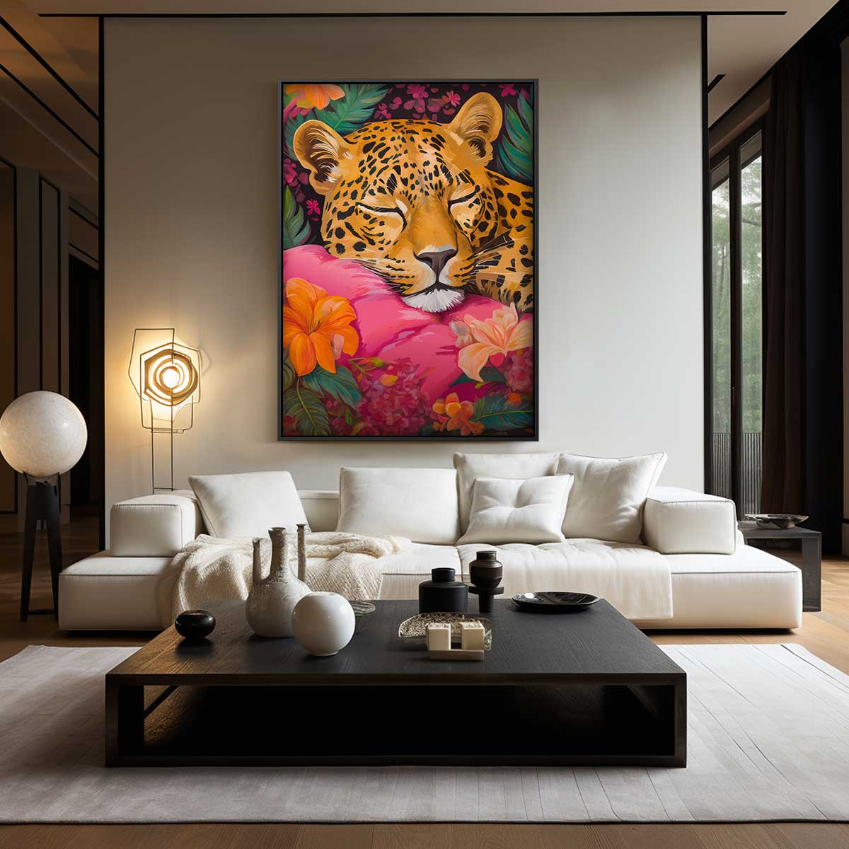 Dromende Luipaard op Roze Kussen Kunstwerk-canvas-dibond-plexiglas-wanddecoratie-WallArtistic