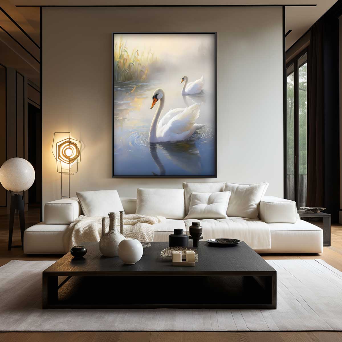 Elegante Zwanen in de Ochtendnevel Kunstwerk-canvas-dibond-plexiglas-wanddecoratie-WallArtistic