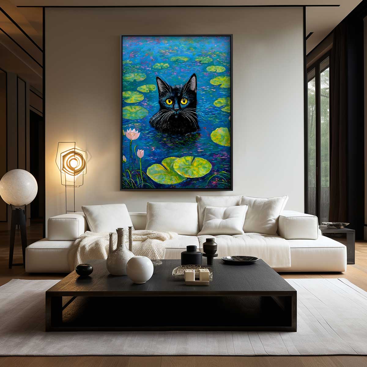 Kat in de Waterlelies Kunstwerk-canvas-dibond-plexiglas-wanddecoratie-WallArtistic