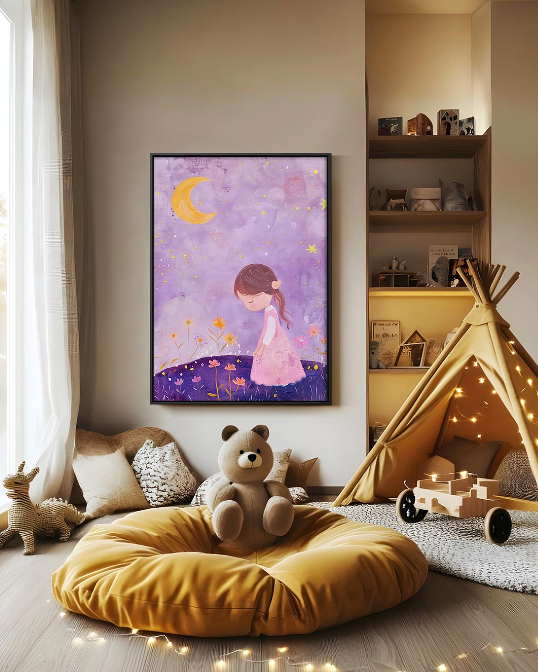 Dromerig meisje en maan Kunstwerk