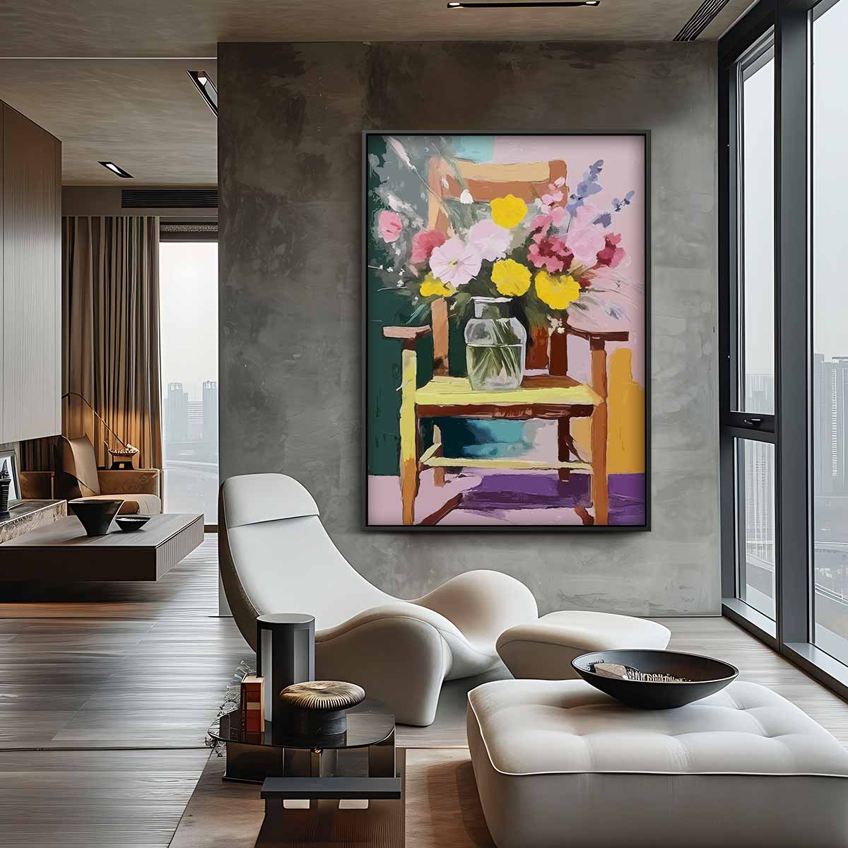 Zomerbloemen op Stoel Kunstwerk-canvas-dibond-plexiglas-wanddecoratie-WallArtistic