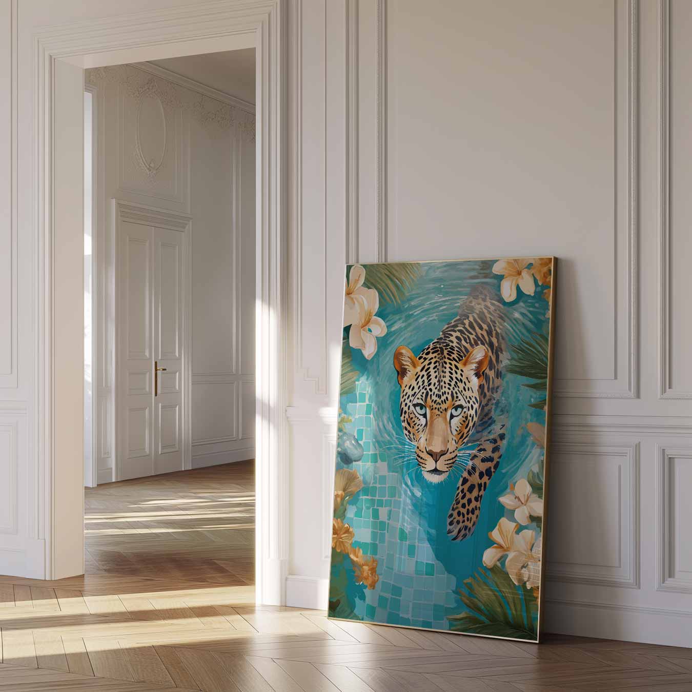 Dappere Luipaard in Paradijselijke Zwempartij Poster
