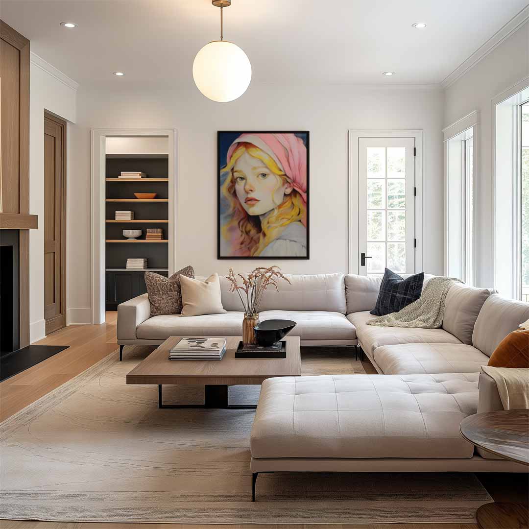 Dromerige Meisje met Roze Hoofddoek Kunstwerk-canvas-dibond-plexiglas-wanddecoratie-WallArtistic