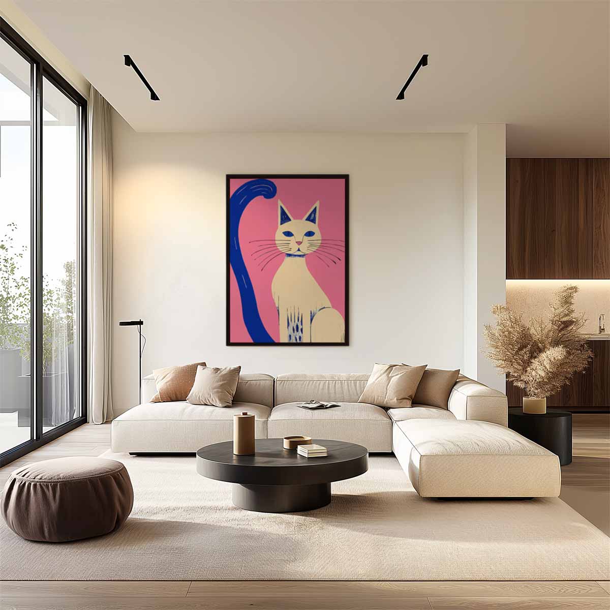 Kleurrijke Kat op Roze Achtergrond Kunstwerk-canvas-dibond-plexiglas-wanddecoratie-WallArtistic