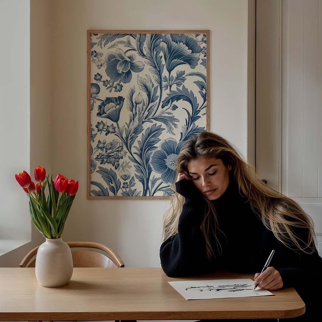 Bloemrijke Elegantie in Blauw Poster-WallArtistic