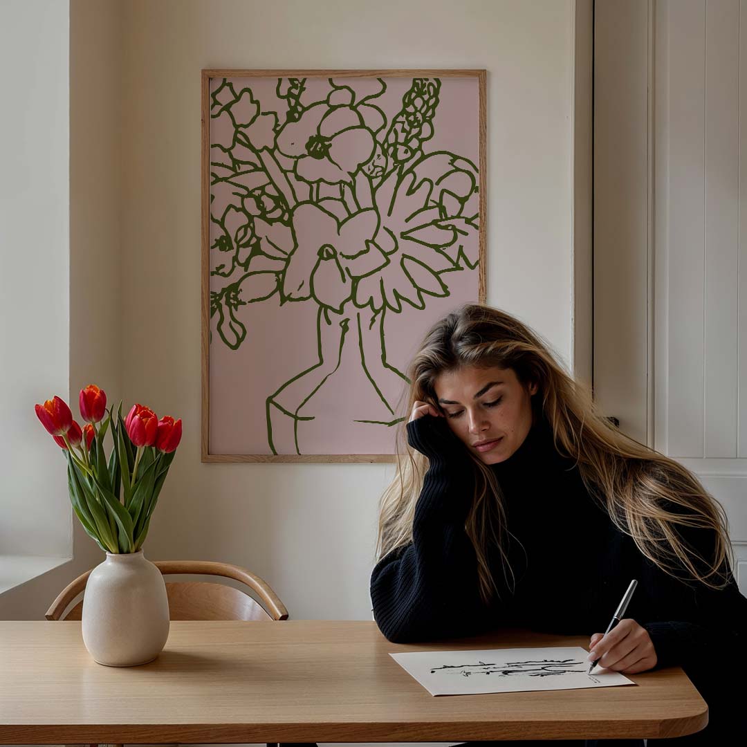 Bloemenschilderij op Roze Achtergrond Poster-WallArtistic