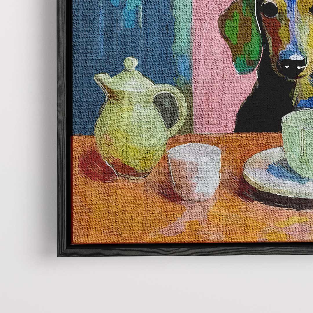 Koffiepauze met Teckel Kunstwerk-canvas-dibond-plexiglas-wanddecoratie-WallArtistic