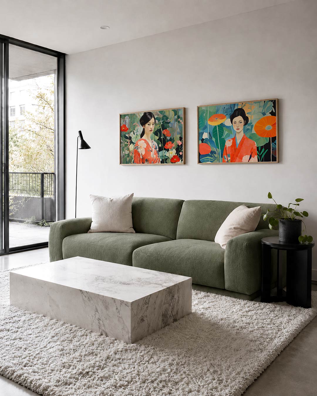 Interieurbeeld met twee liggende posters: deze posterset in twee delen combineert een vrouw in een kleurrijke kimono