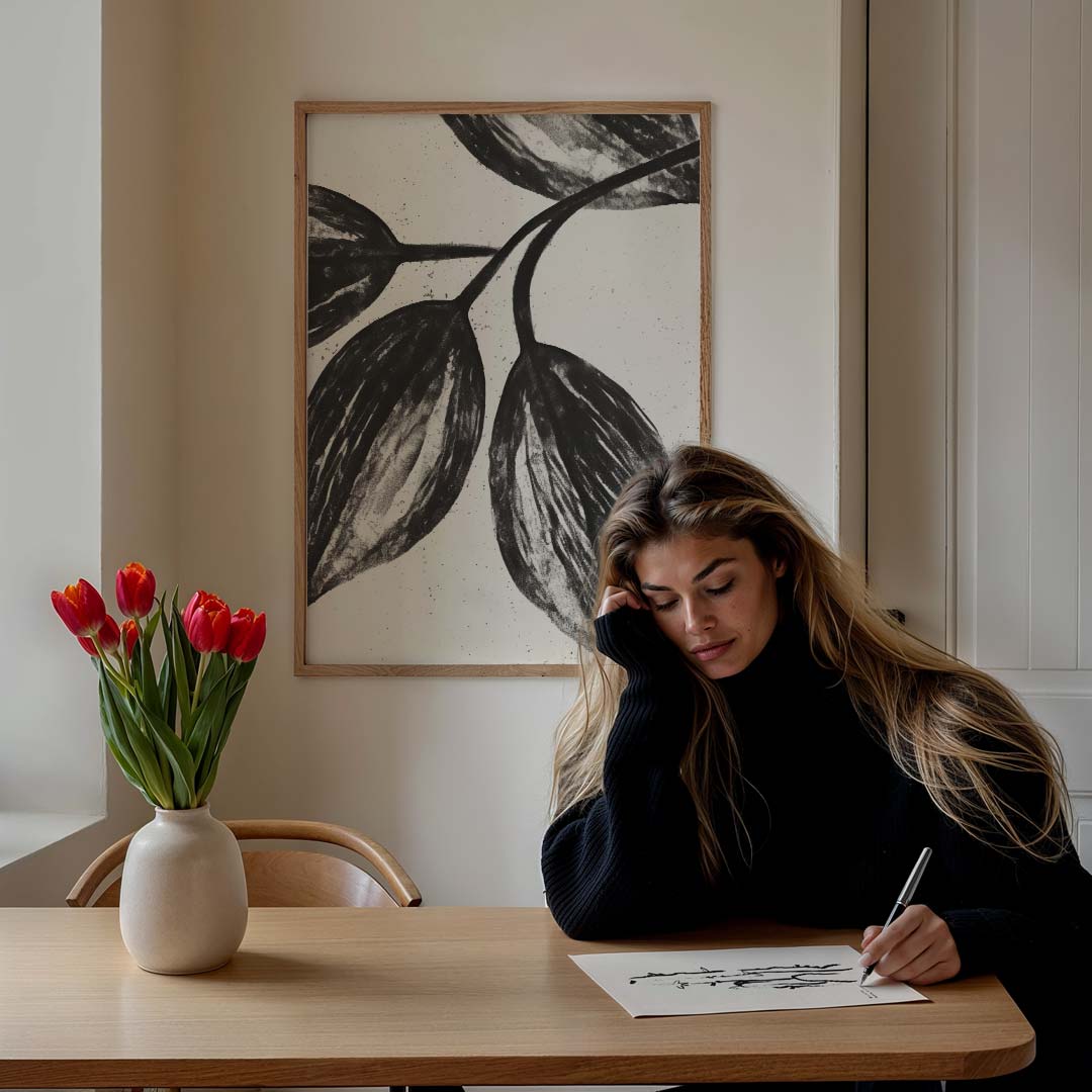 Zwart-witte Bladeren Kunstposter-WallArtistic