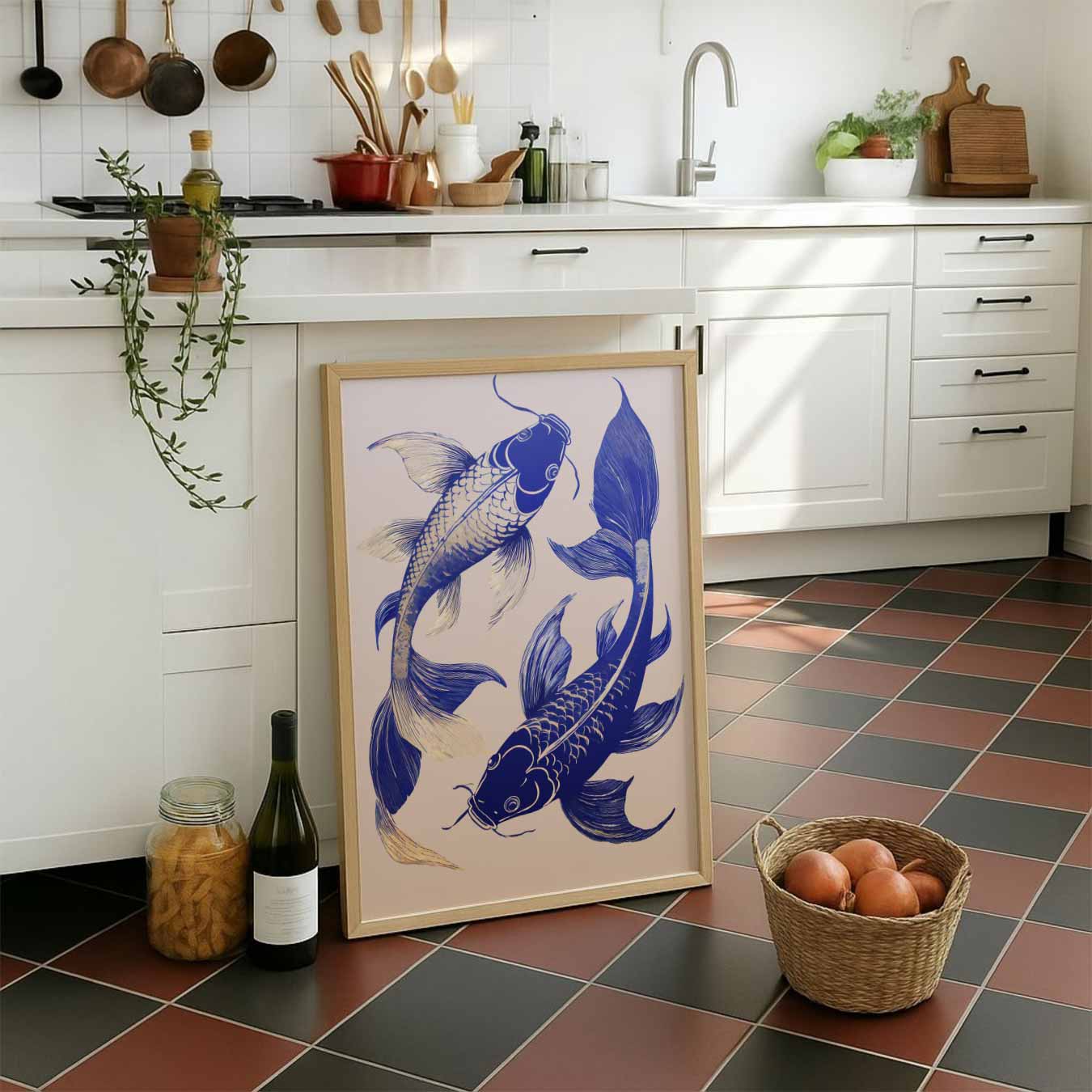 Elegante Blauwe Koi Kunstposter