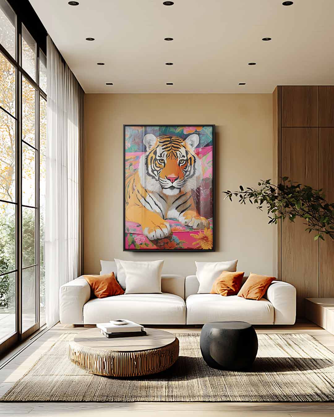 Tijger op Bloemenbank Kunstwerk-canvas-dibond-plexiglas-wanddecoratie-WallArtistic