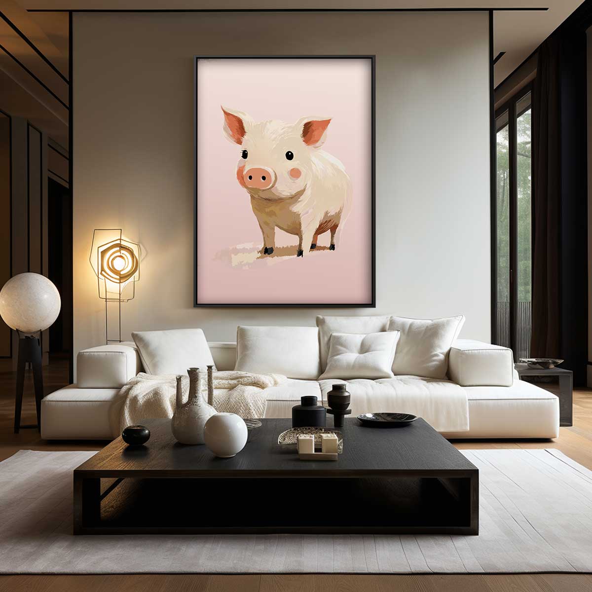 Schattig Varkentje op Roze Achtergrond Kunstwerk-canvas-dibond-plexiglas-wanddecoratie-WallArtistic