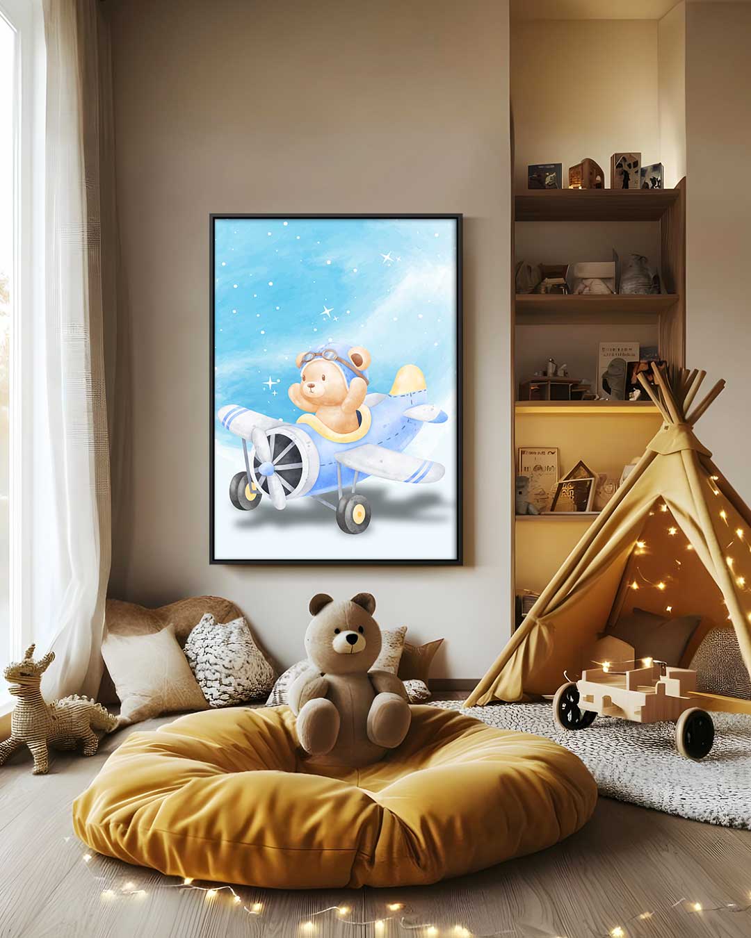 Dromende Teddy in Vliegtuig Kunstwerk-canvas-dibond-plexiglas-wanddecoratie-WallArtistic