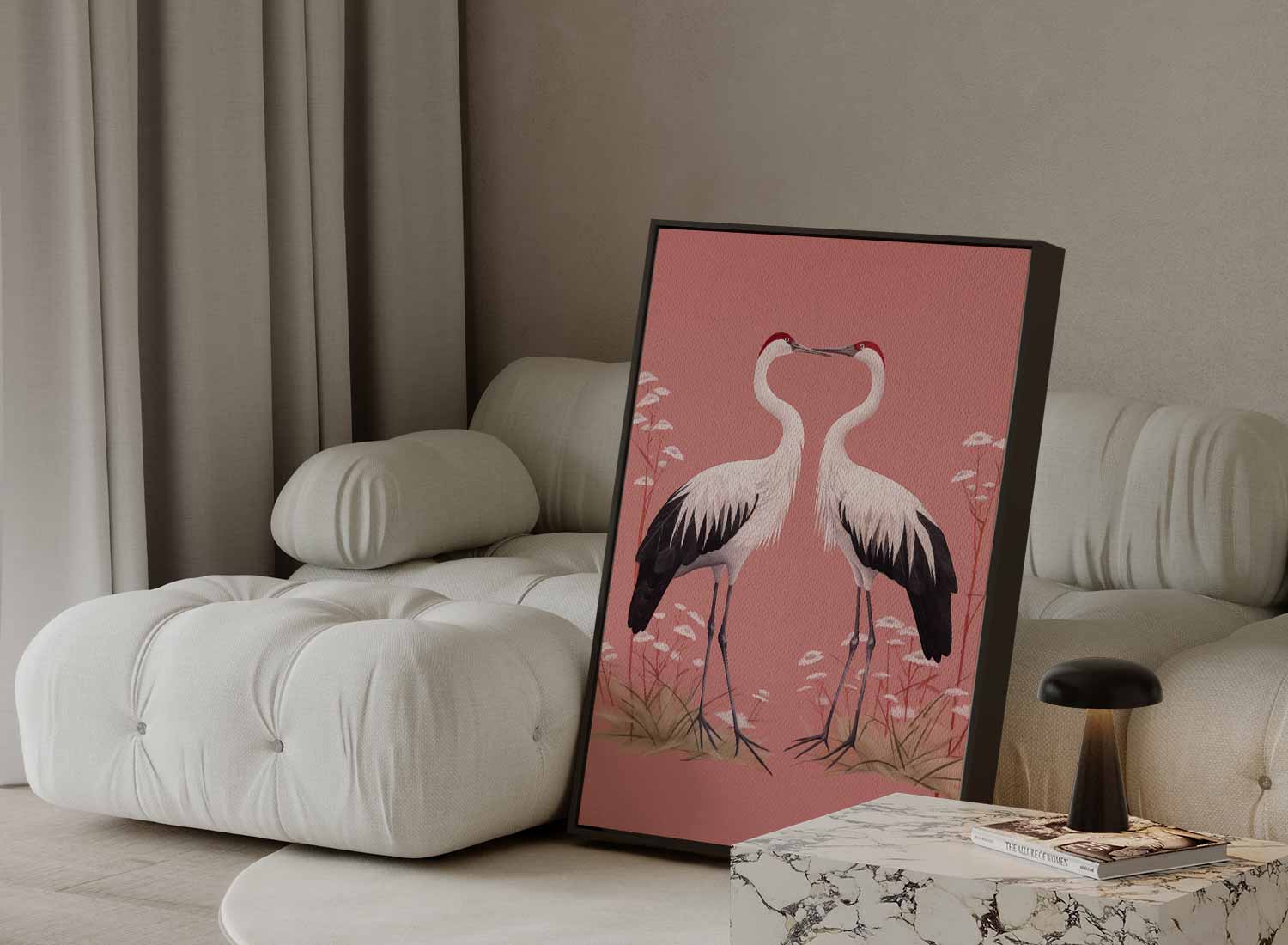 Romantische Kraanvogels op Rosa Achtergrond Kunstwerk-canvas-dibond-plexiglas-wanddecoratie-WallArtistic