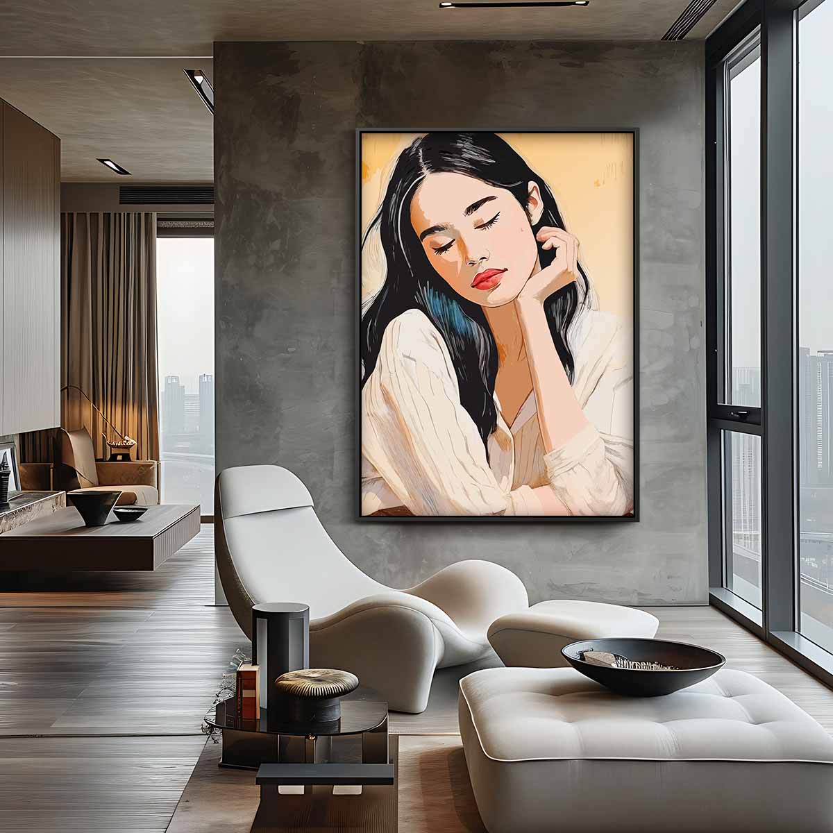 Dromerige Damesportret Kunstwerk-canvas-dibond-plexiglas-wanddecoratie-WallArtistic