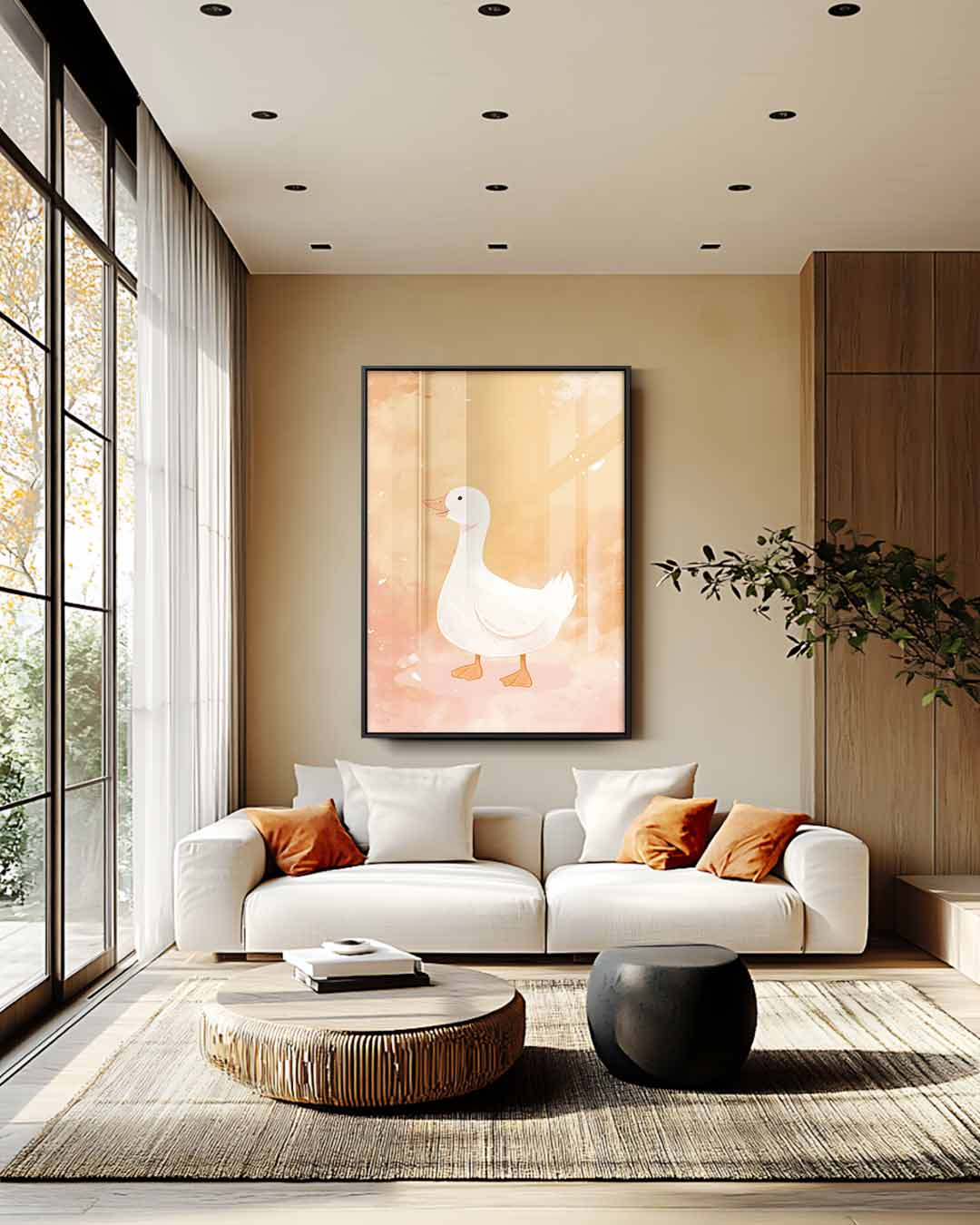 Vrolijke Eend op Oranje Achtergrond Kunstwerk-canvas-dibond-plexiglas-wanddecoratie-WallArtistic