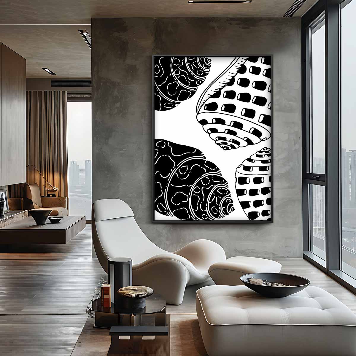 Schelpenpatroon in Zwart-Wit Kunstwerk-canvas-dibond-plexiglas-wanddecoratie-WallArtistic