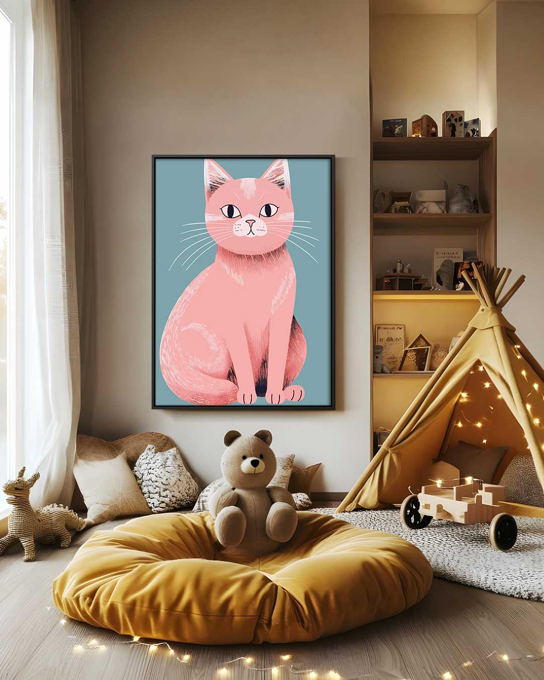 Roze Kat Illustratie Kunstwerk-canvas-dibond-plexiglas-wanddecoratie-WallArtistic