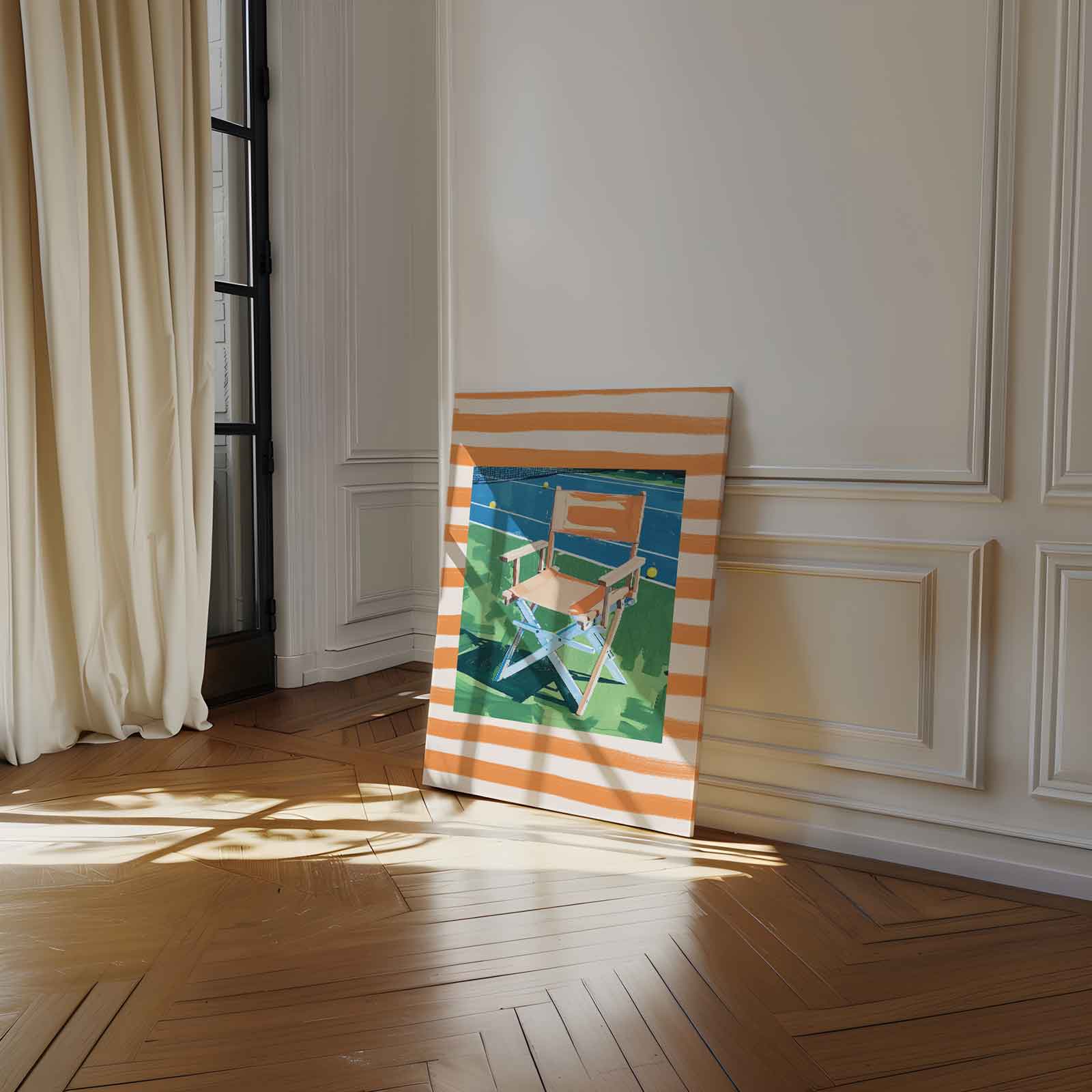 Zomerse Stoel op de Tennisbaan Kunstwerk-canvas-dibond-plexiglas-wanddecoratie-WallArtistic