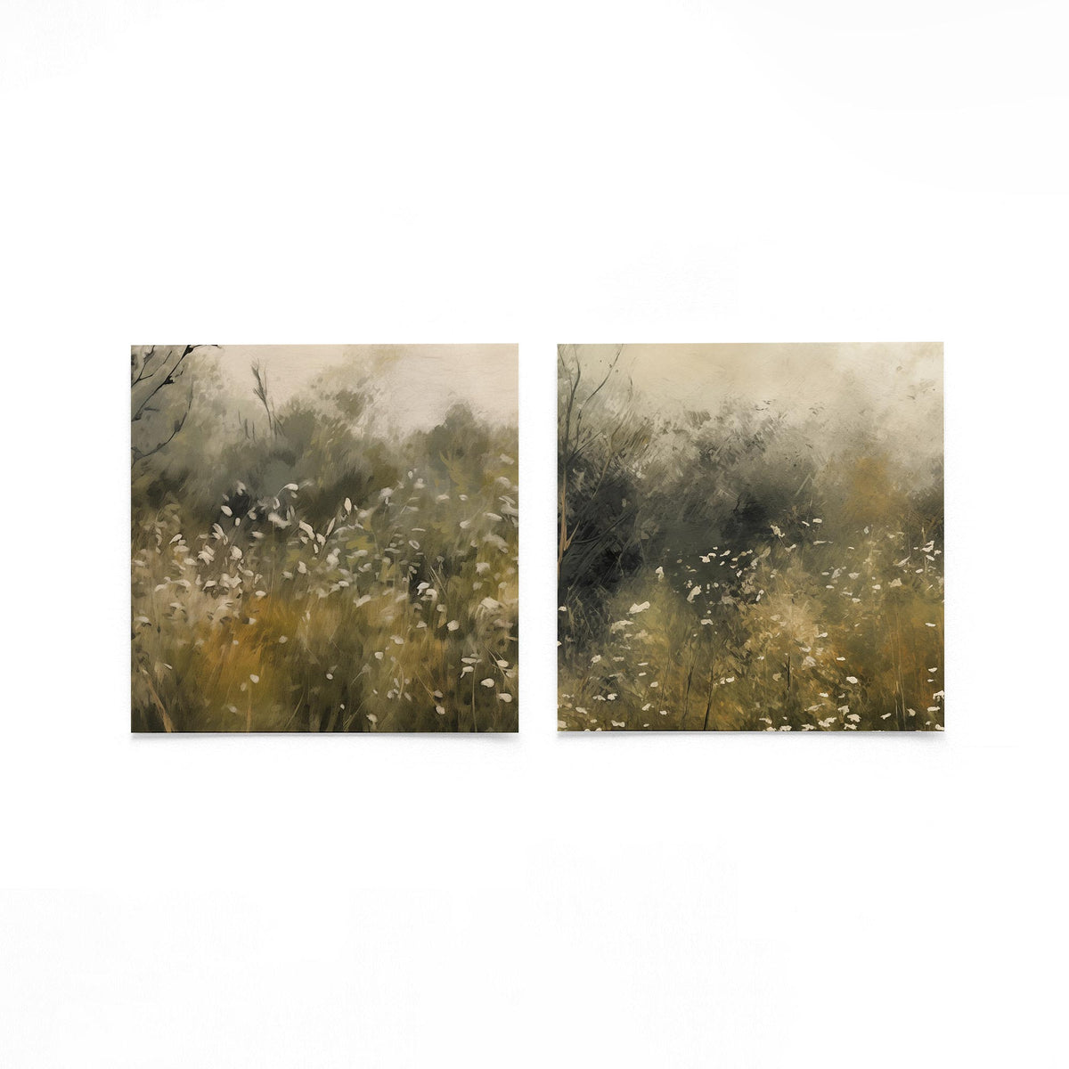 Twee vierkante posters met wilde bloemenweide op een gebroken witte achtergrond