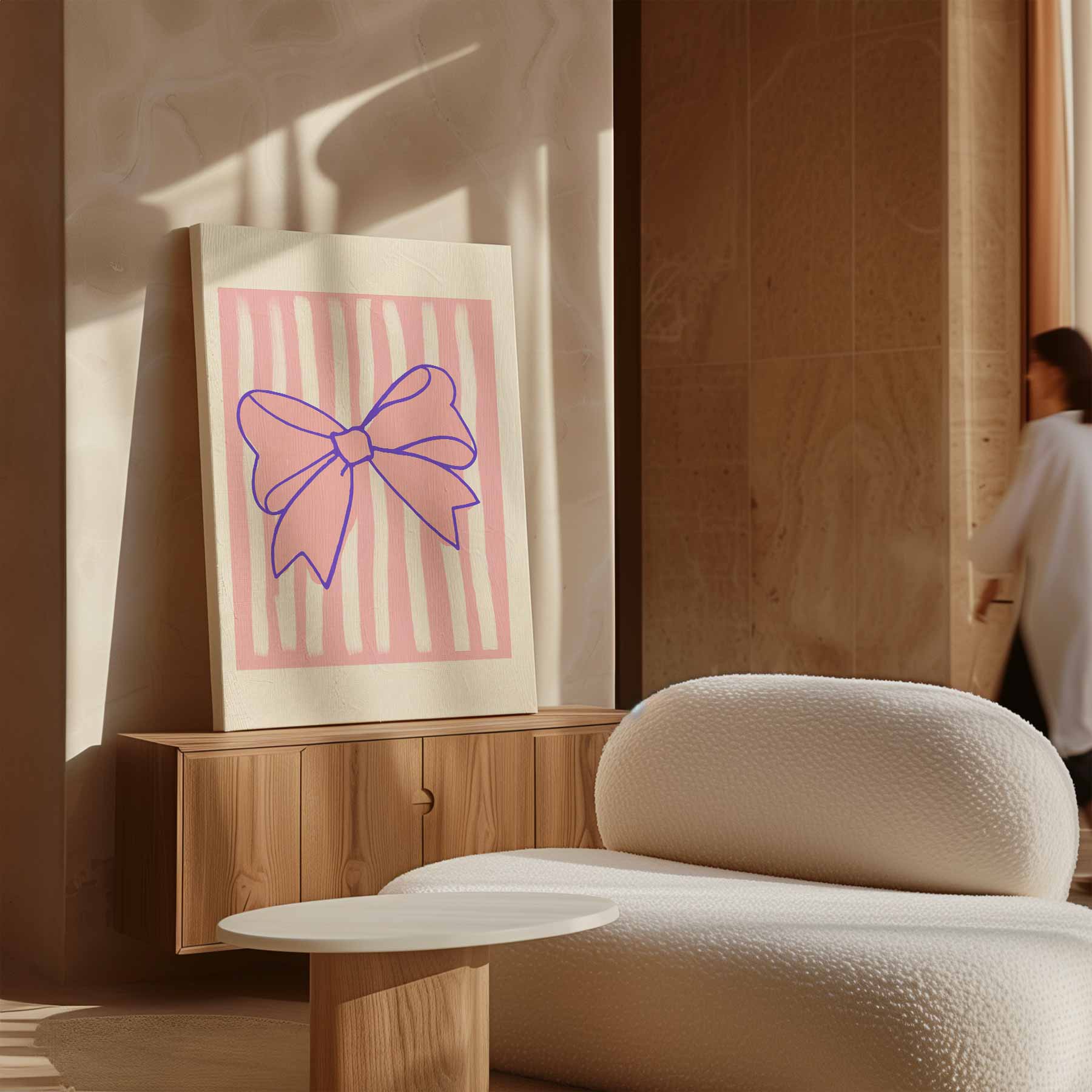 Speelse Strik op Roze Strepen Kunstwerk-canvas-dibond-plexiglas-wanddecoratie-WallArtistic