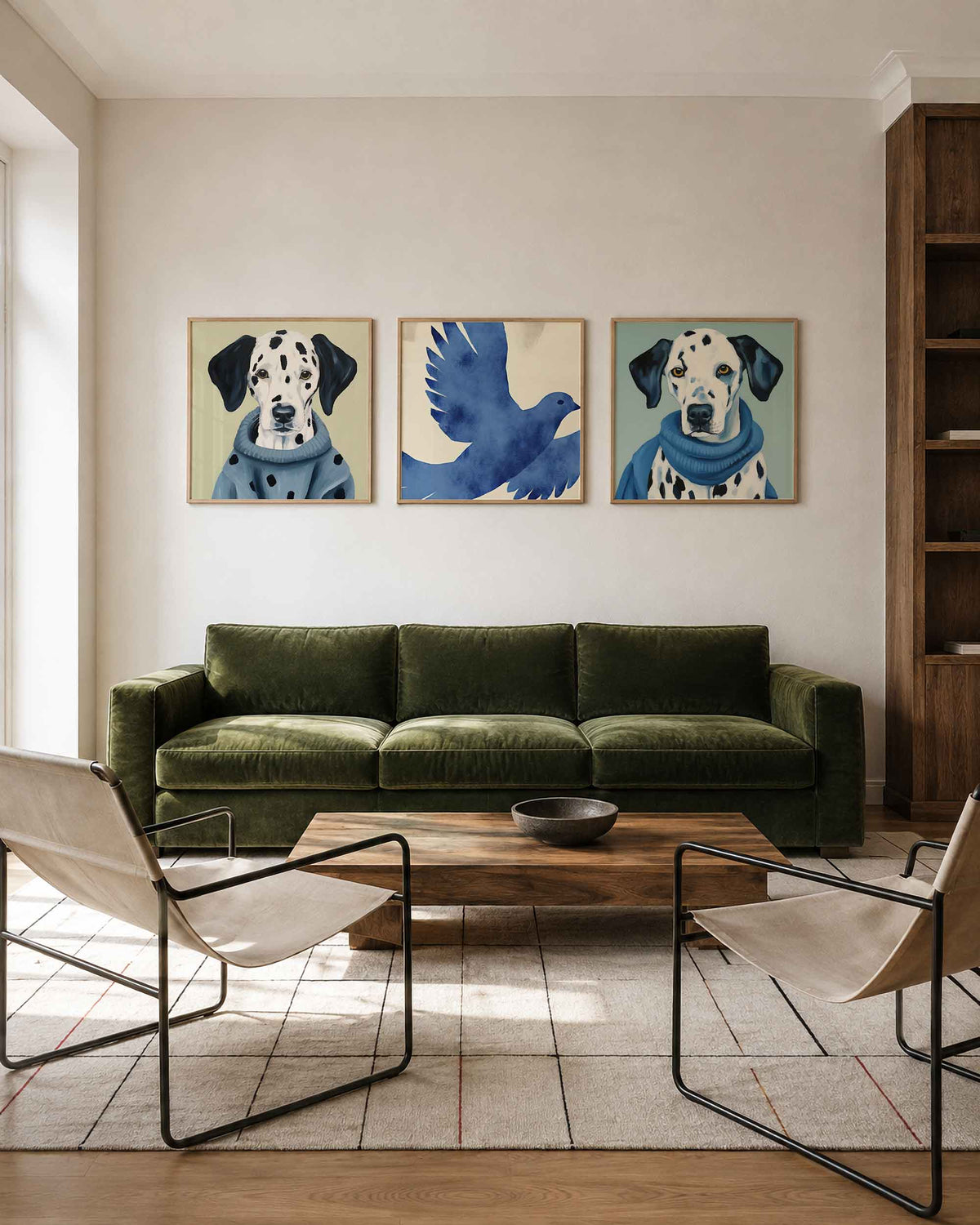 Interieurpresentatie van een driedelige vierkante posterset met dalmatiërs en vogel