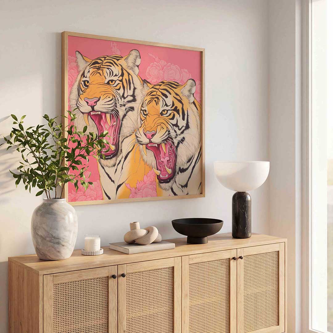 Twee tijgers op roze Poster
