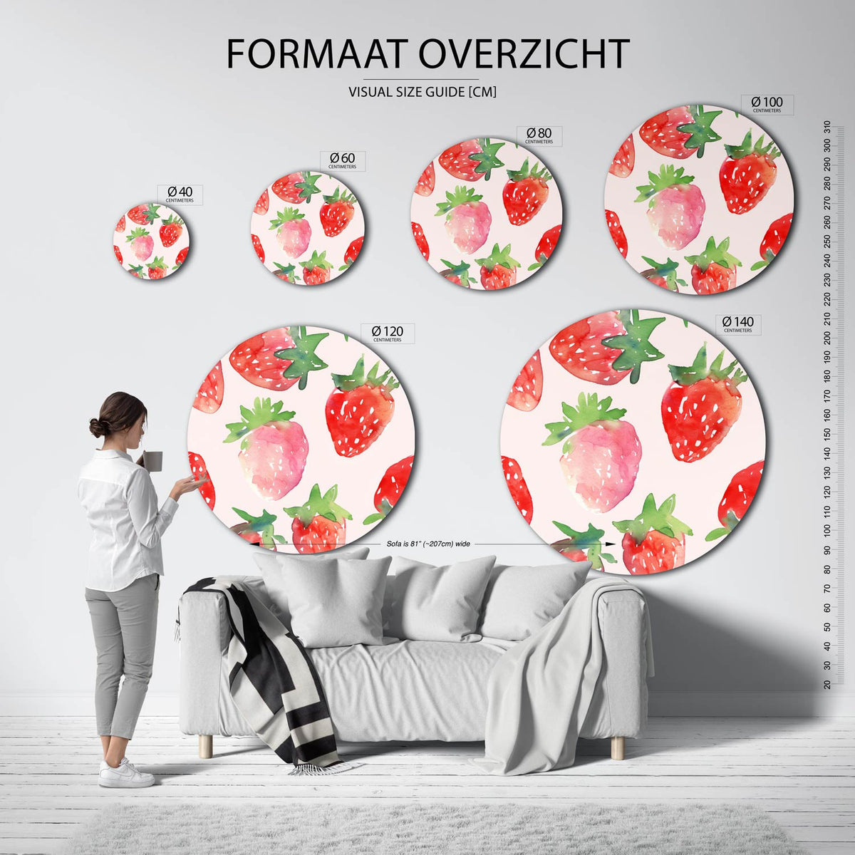 Aardbeienpatroon Muurcirkel – extra productweergave – De muurcirkel toont een patroon van rode aardbeien met groene bladeren.