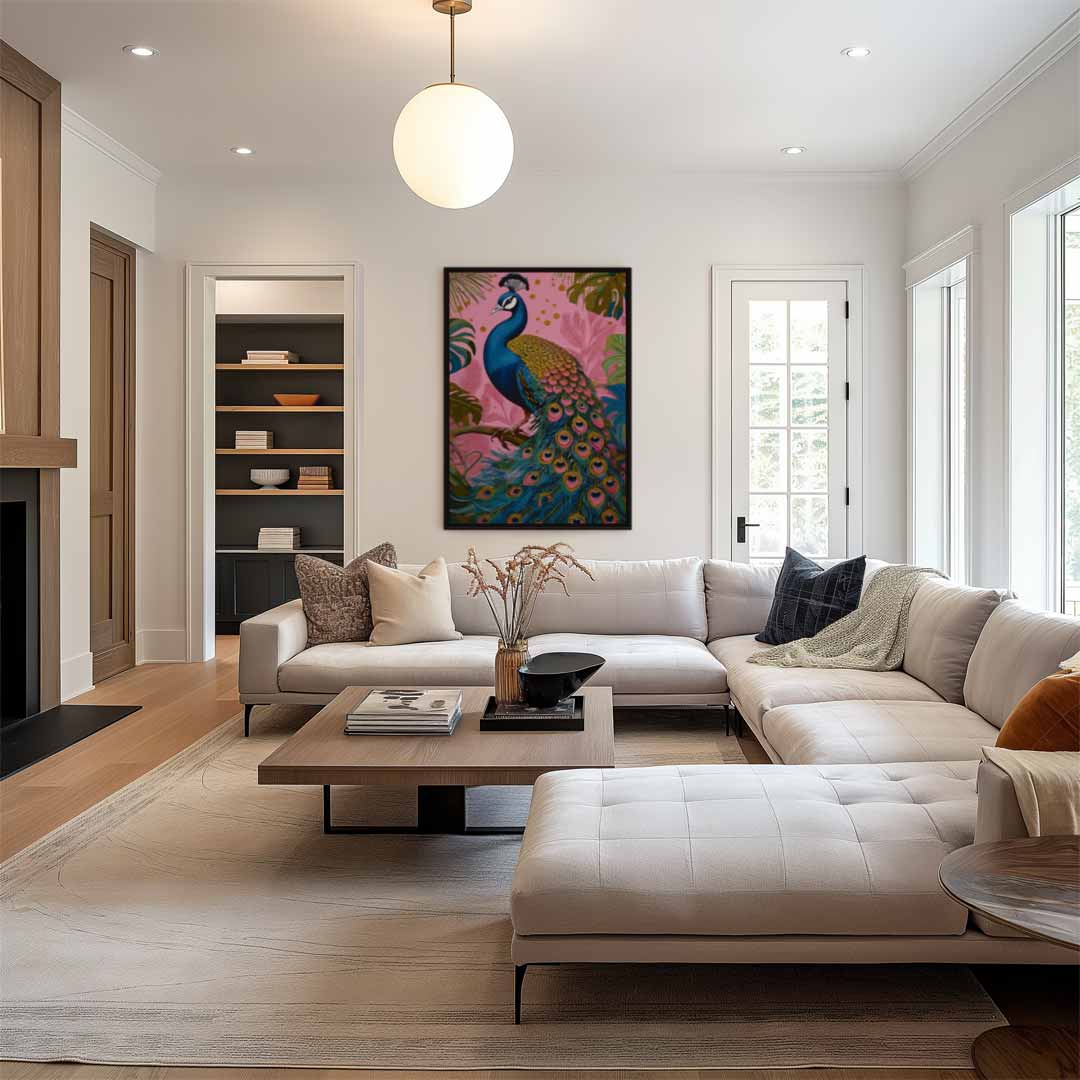 Kleurrijke Pauw in Tropisch Paradijs Kunstwerk-canvas-dibond-plexiglas-wanddecoratie-WallArtistic